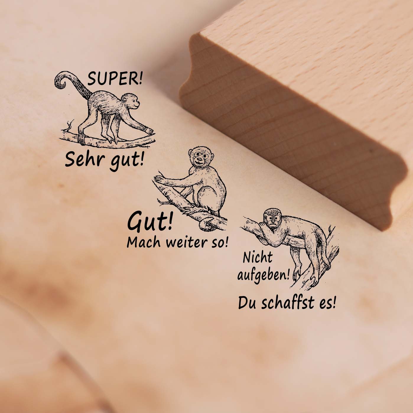 Lehrerstempel Affe im Set - 3 Affen Motivstempel mit Spruch und Motiv für Schule ca. 28 x 28 mm