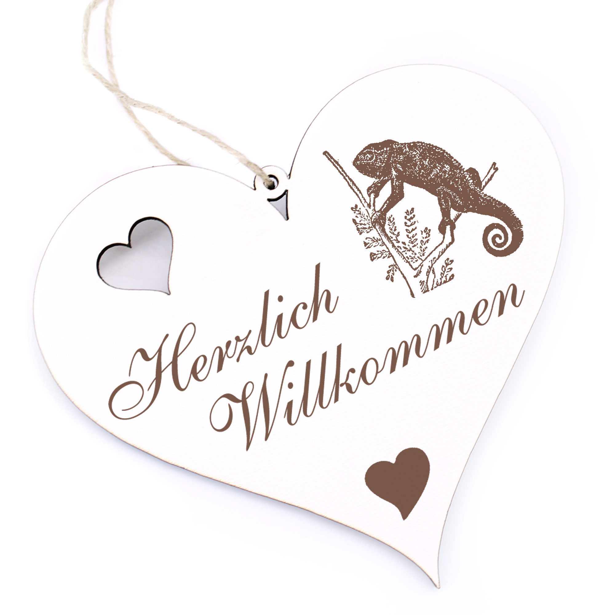 Herzlich Willkommen Schild - Chamäleon - Deko Herz Holz