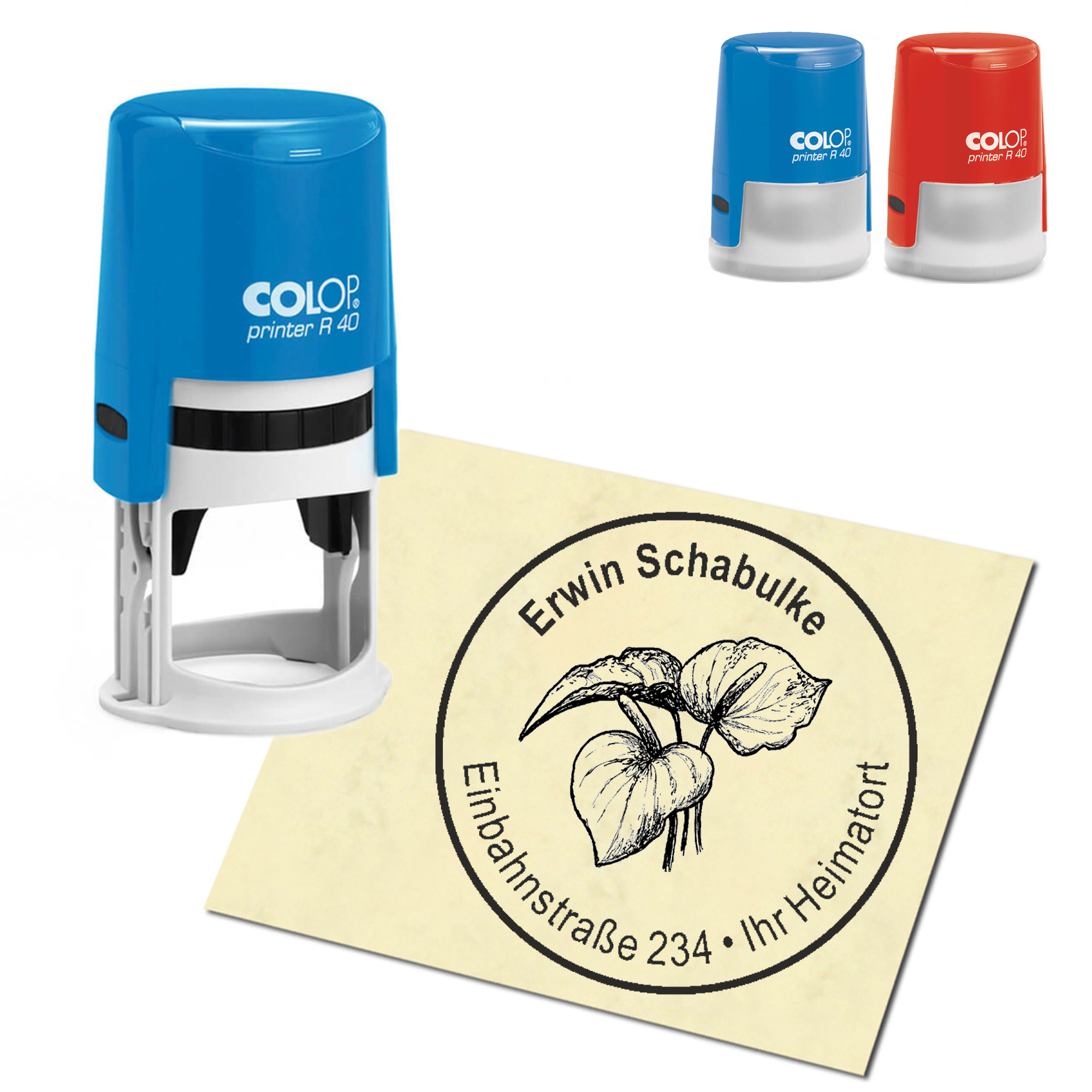 Stempel Adressstempel personalisiert - Anthurie Flamingoblume - rund &empty; 40mm
