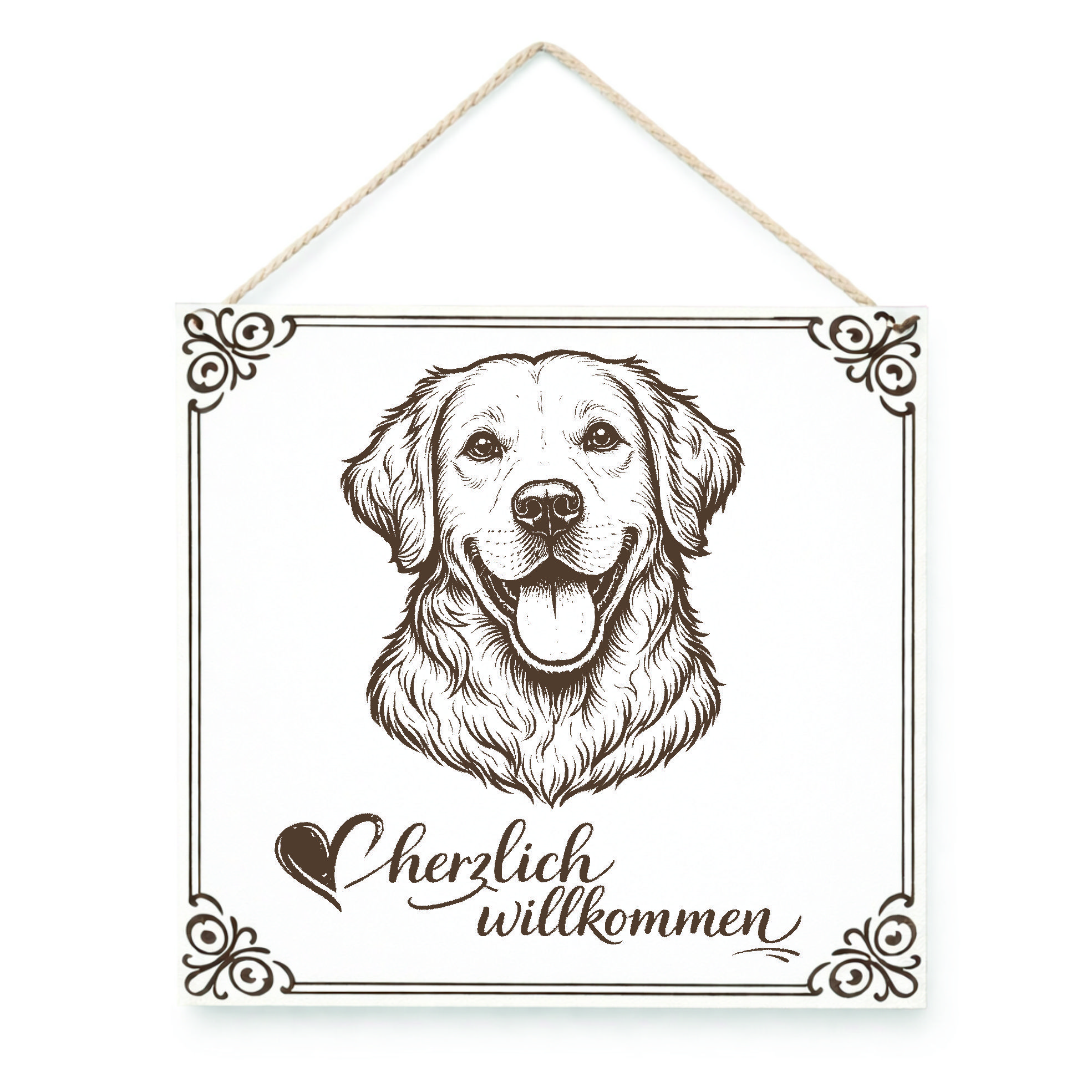 Hund Willkommensschild Golden Retriever – Türschild Herzlich Willkommen  – Dekoschild Haustür 15×15 cm