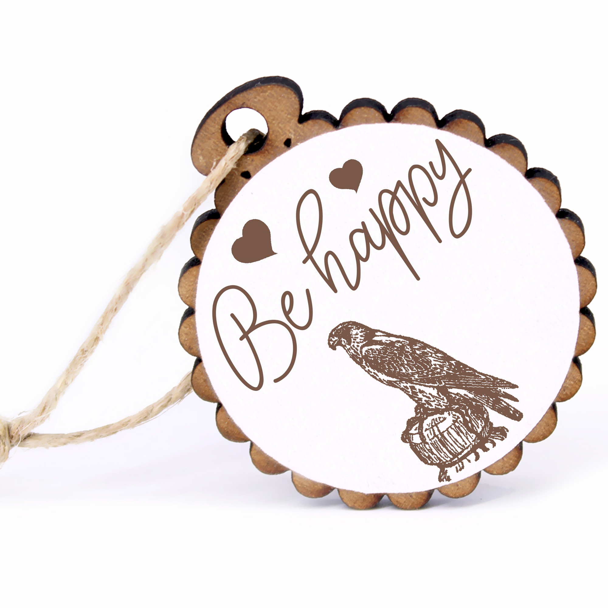 Geschenkanhänger - Be Happy Falke -  Holz Ø-5cm - mit Juteband