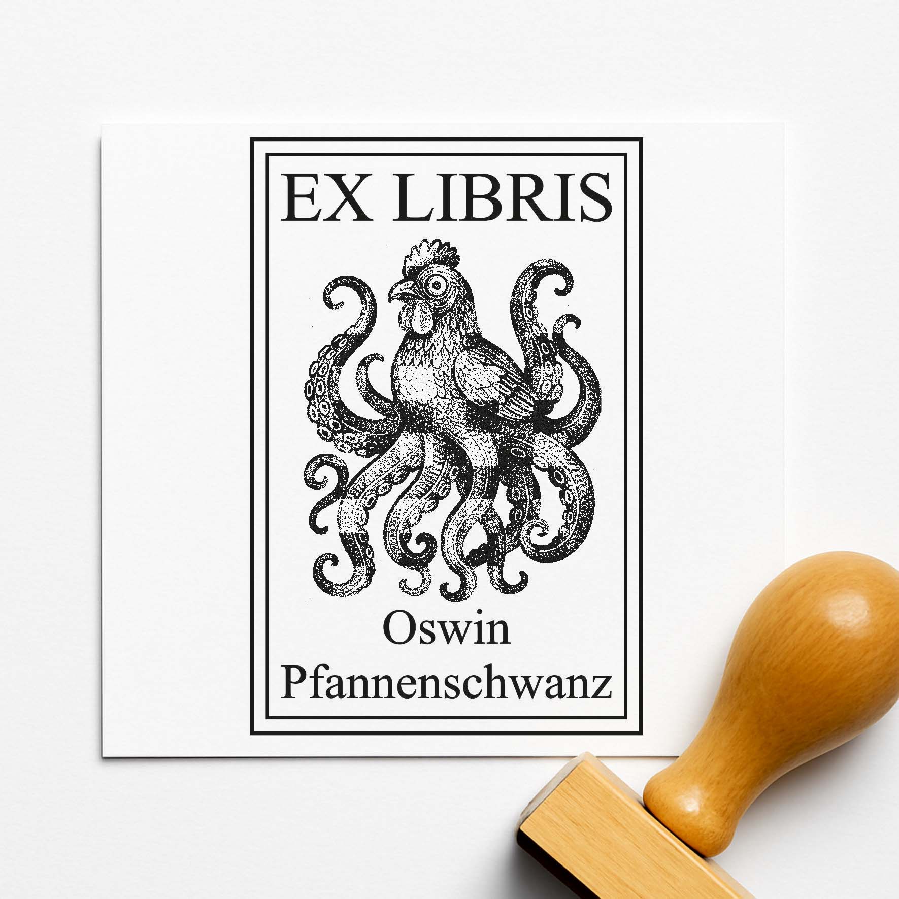 Ex Libris Stempel personalisiert mit Namen Motiv Hühnerkrake - Bücherstempel individuell - 40 x 60 mm