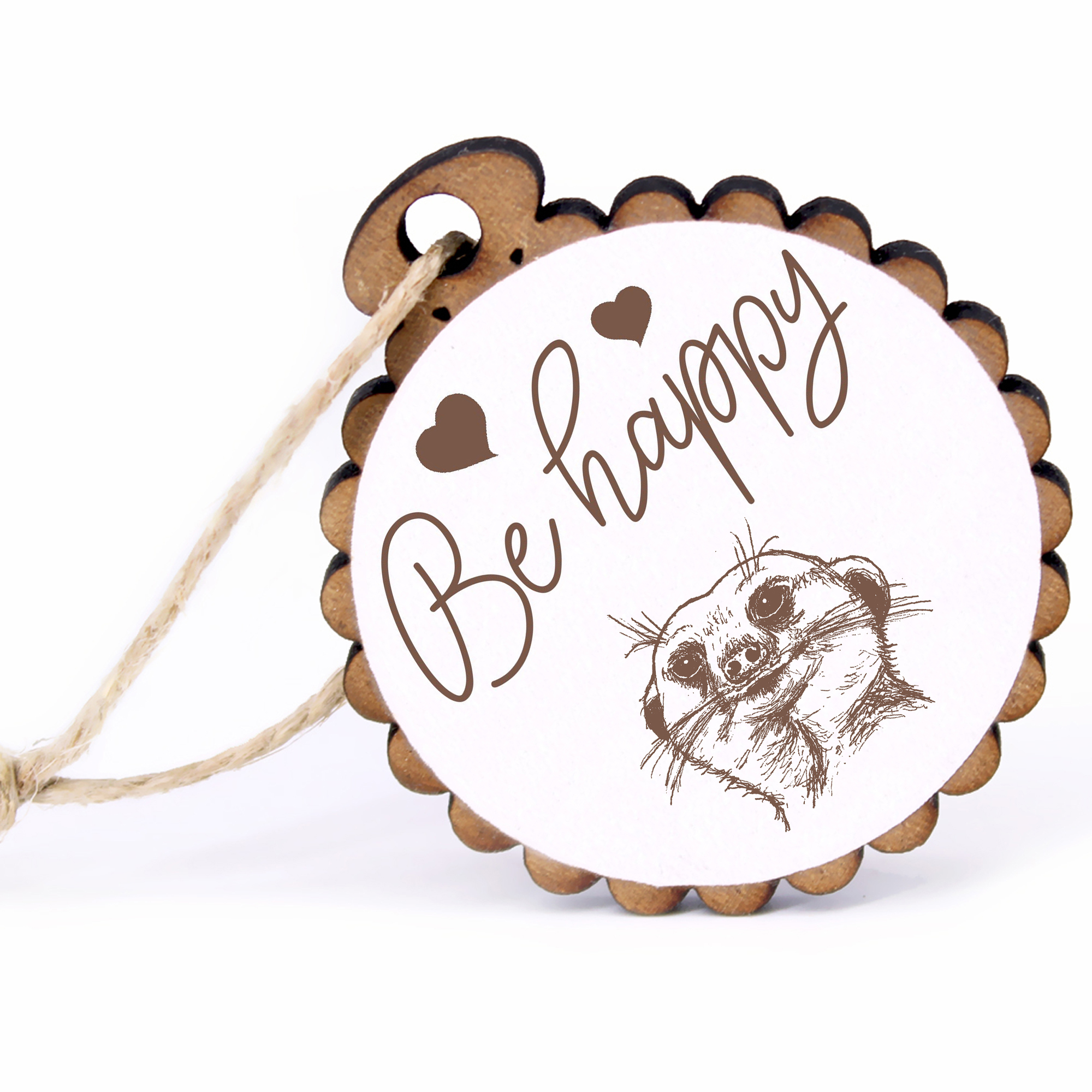 Geschenkanhänger - Be Happy Erdmännchen Kopf -  Holz Ø-5cm - mit Juteband