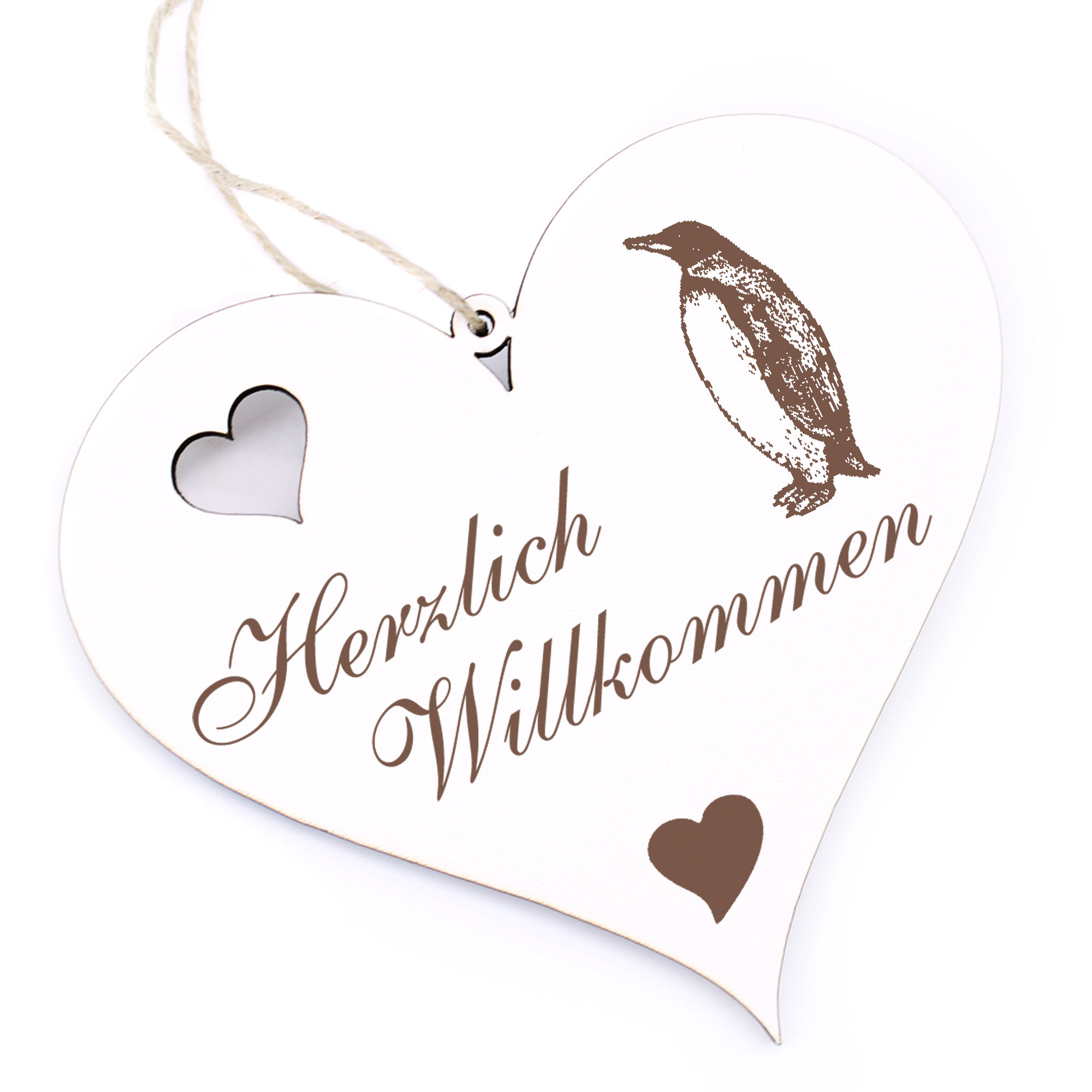 Herzlich Willkommen Schild - Pinguin Königspinguin - Deko Herz Holz