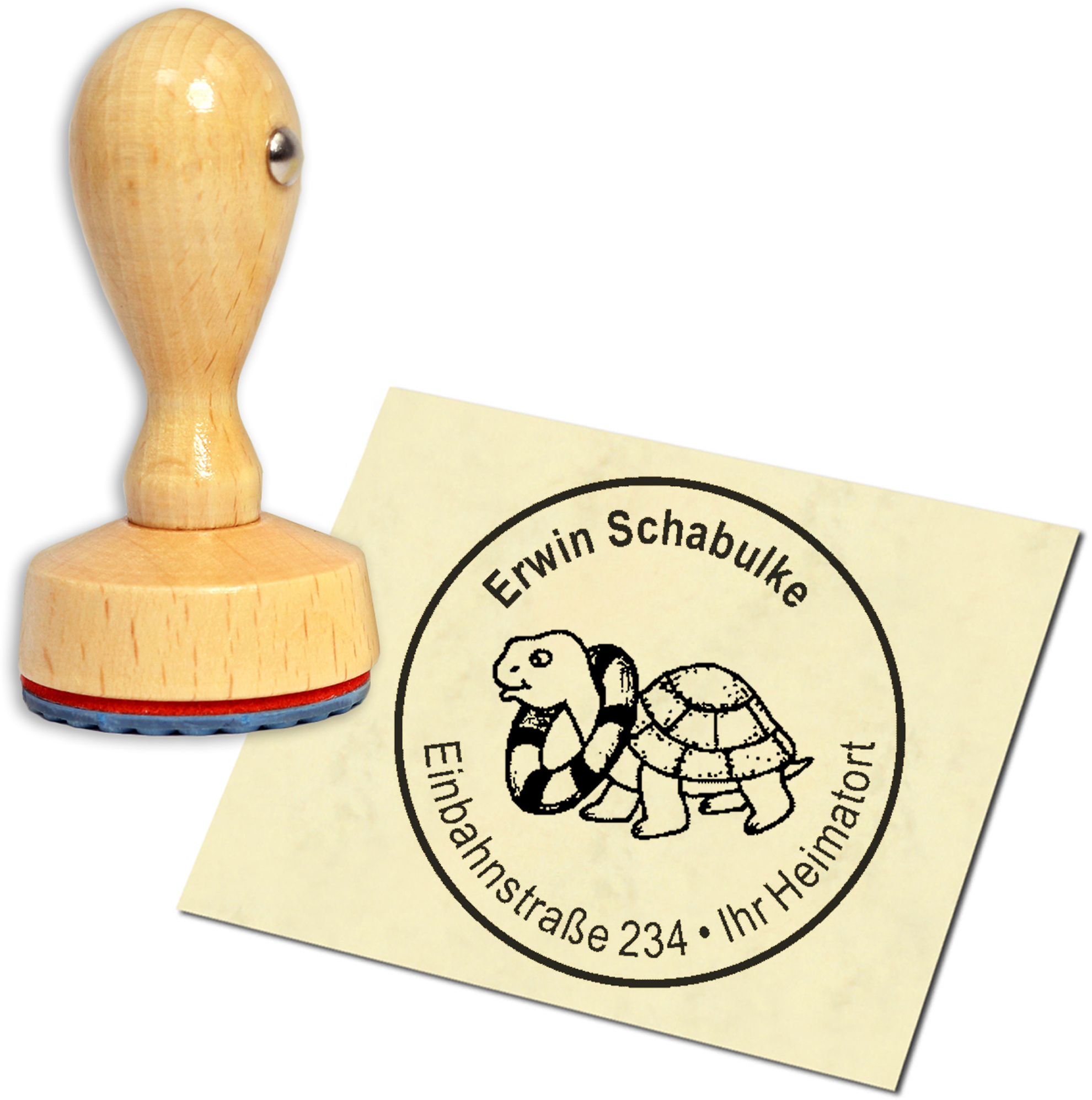 Stempel Adressstempel Holzstempel - Schildkröte mit Schwimmreifen - rund 40mm