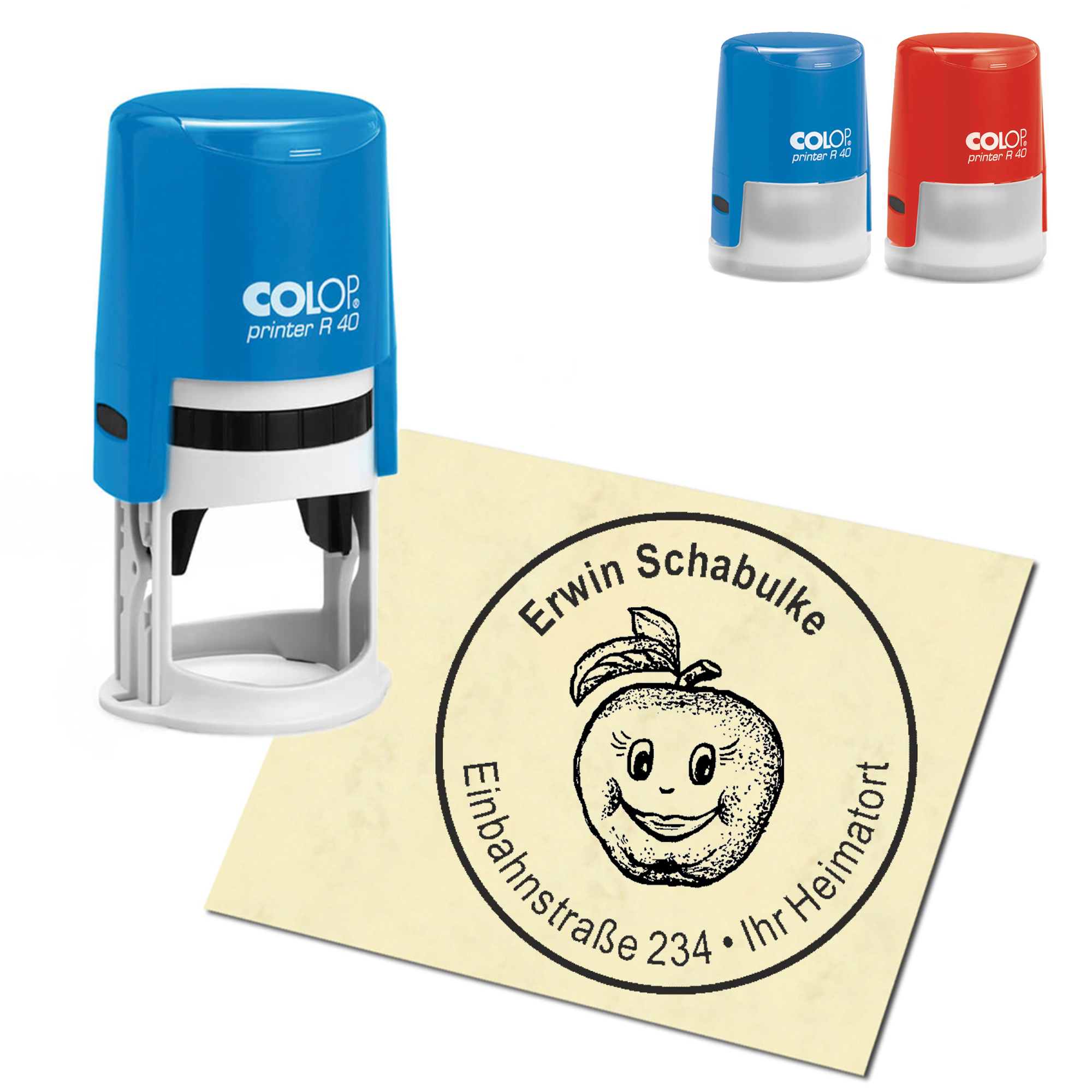 Stempel Adressstempel personalisiert - Apfel mit Gesicht - rund &empty; 40mm