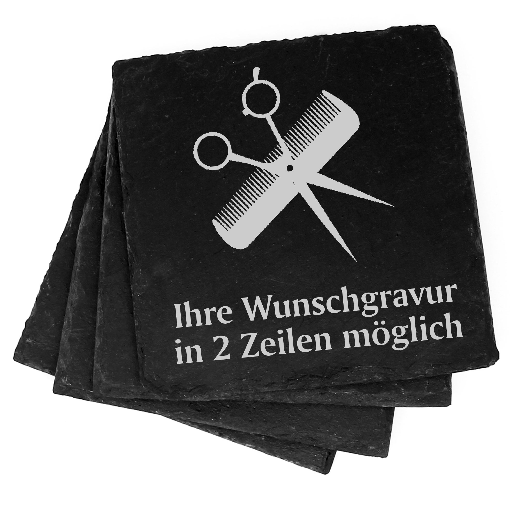 4x Friseur Schere und Kamm Deko Schiefer Untersetzer Wunschgravur Set - 11 x 11 cm