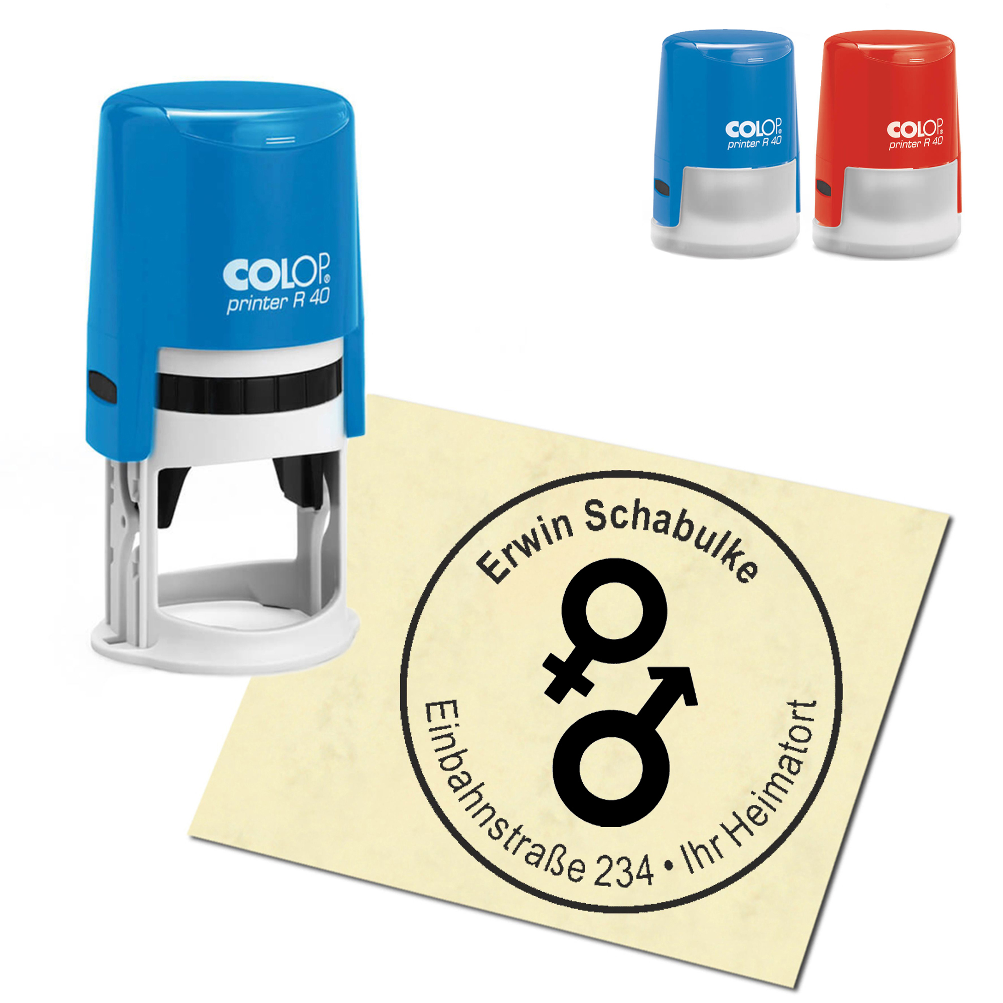 Stempel Adressstempel personalisiert - Mann und Frau Symbol - rund &empty; 40mm