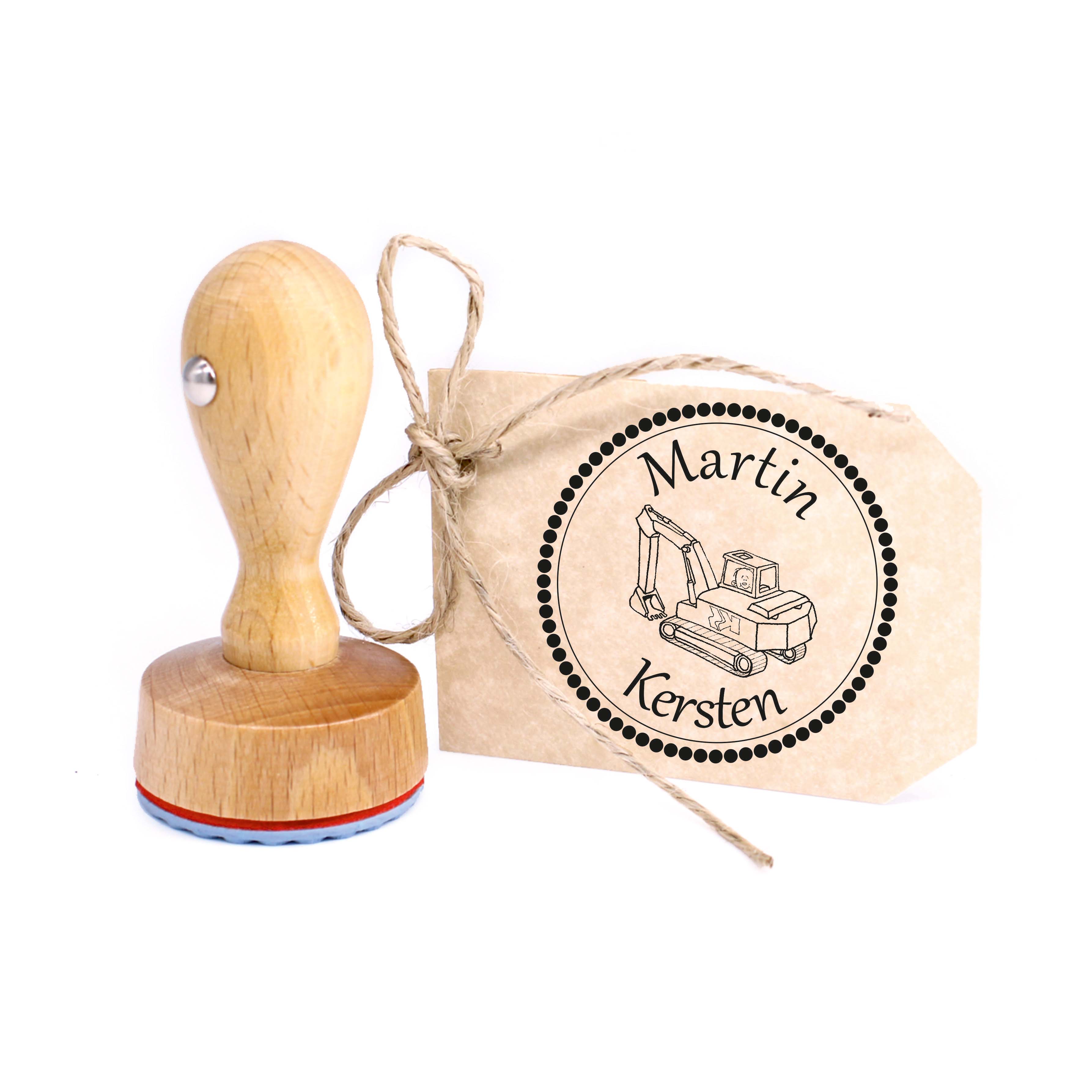 Kinderstempel Bagger - Holzstempel mit persönlichem Namen Ø 24 mm