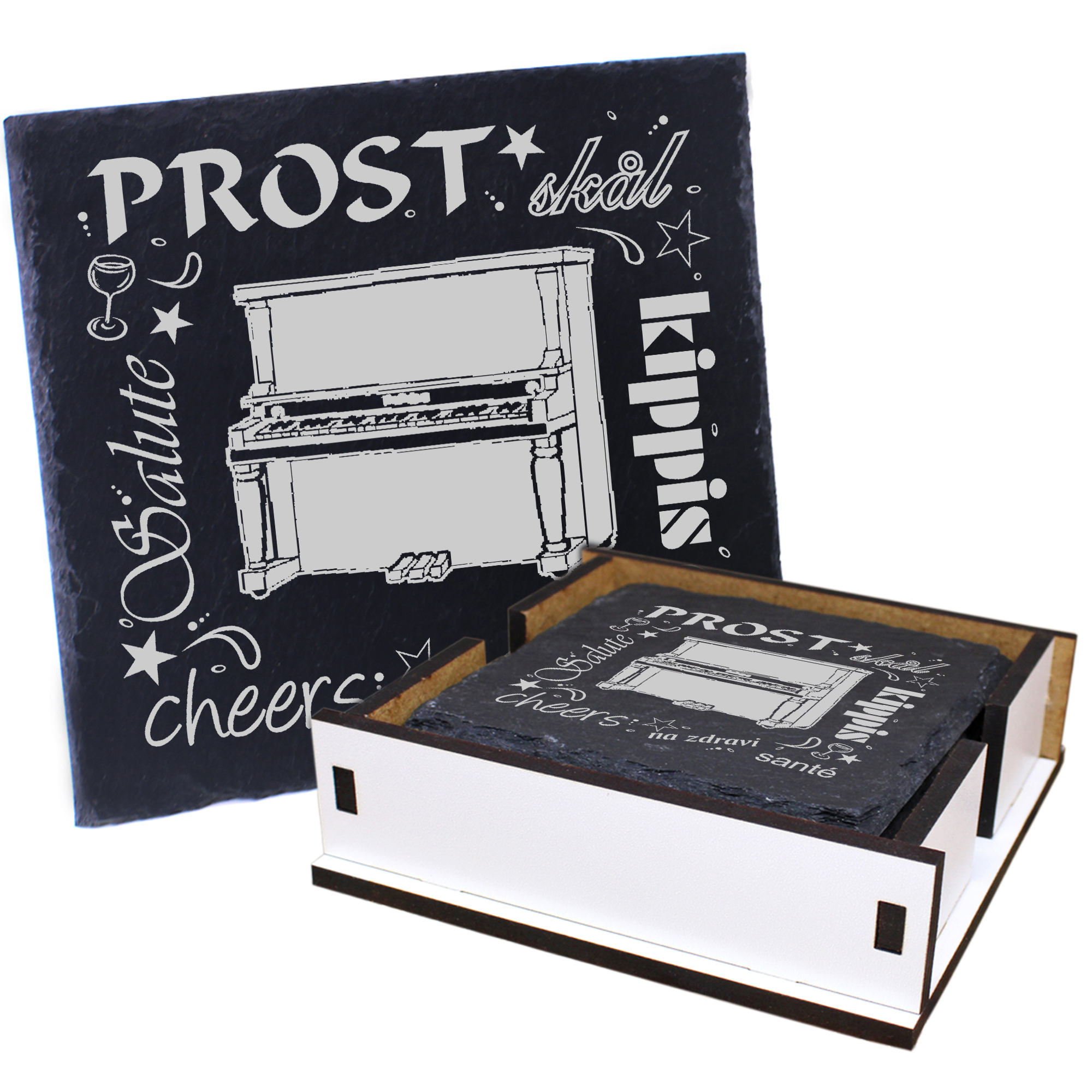 5 x Schiefer Untersetzer - Prost Klavier - inkl. Holzbox & Flaschenuntersetzer