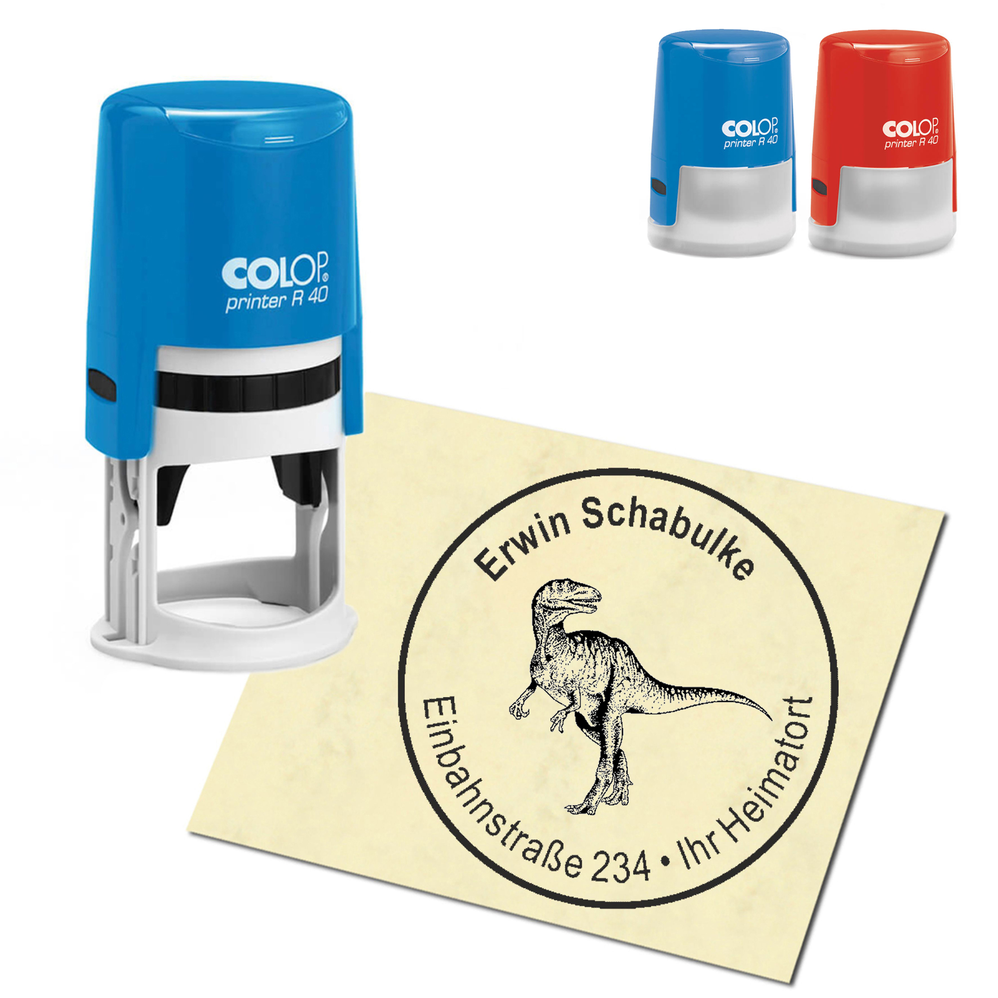 Stempel Adressstempel personalisiert - Dinosaurier Megalosaurus - rund &empty; 40mm