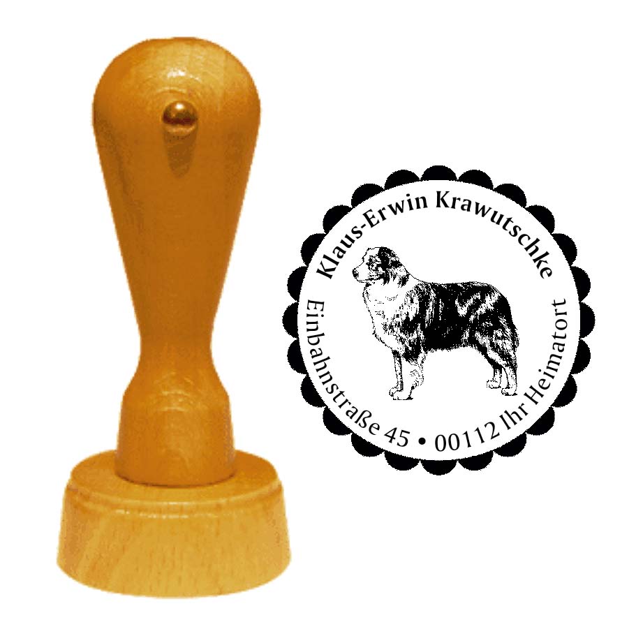 Adressstempel Australien Sheppherd -  Holzstempel personalisiert mit Adresse - Ø 40 mm