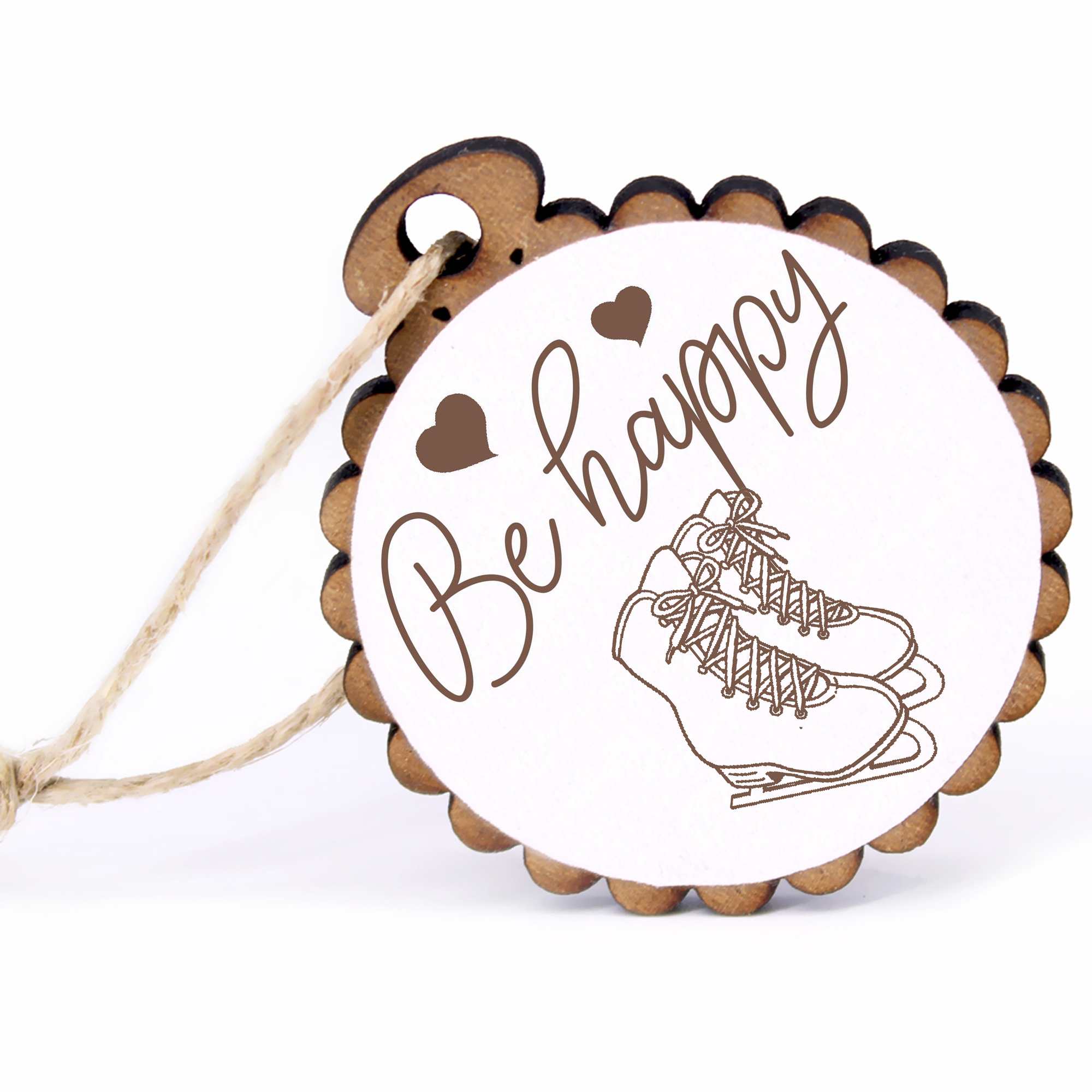 Geschenkanhänger - Be Happy Schlittschuhe -  Holz Ø-5cm - mit Juteband