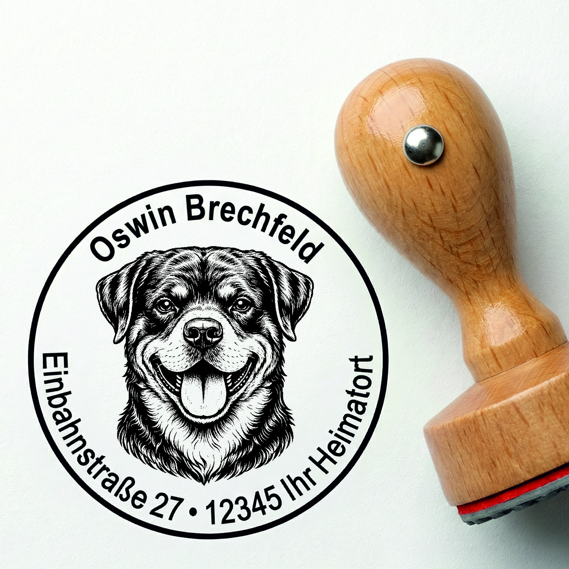 Stempel Rottweiler personalisiert – Hund Holzstempel mit Name & Adresse