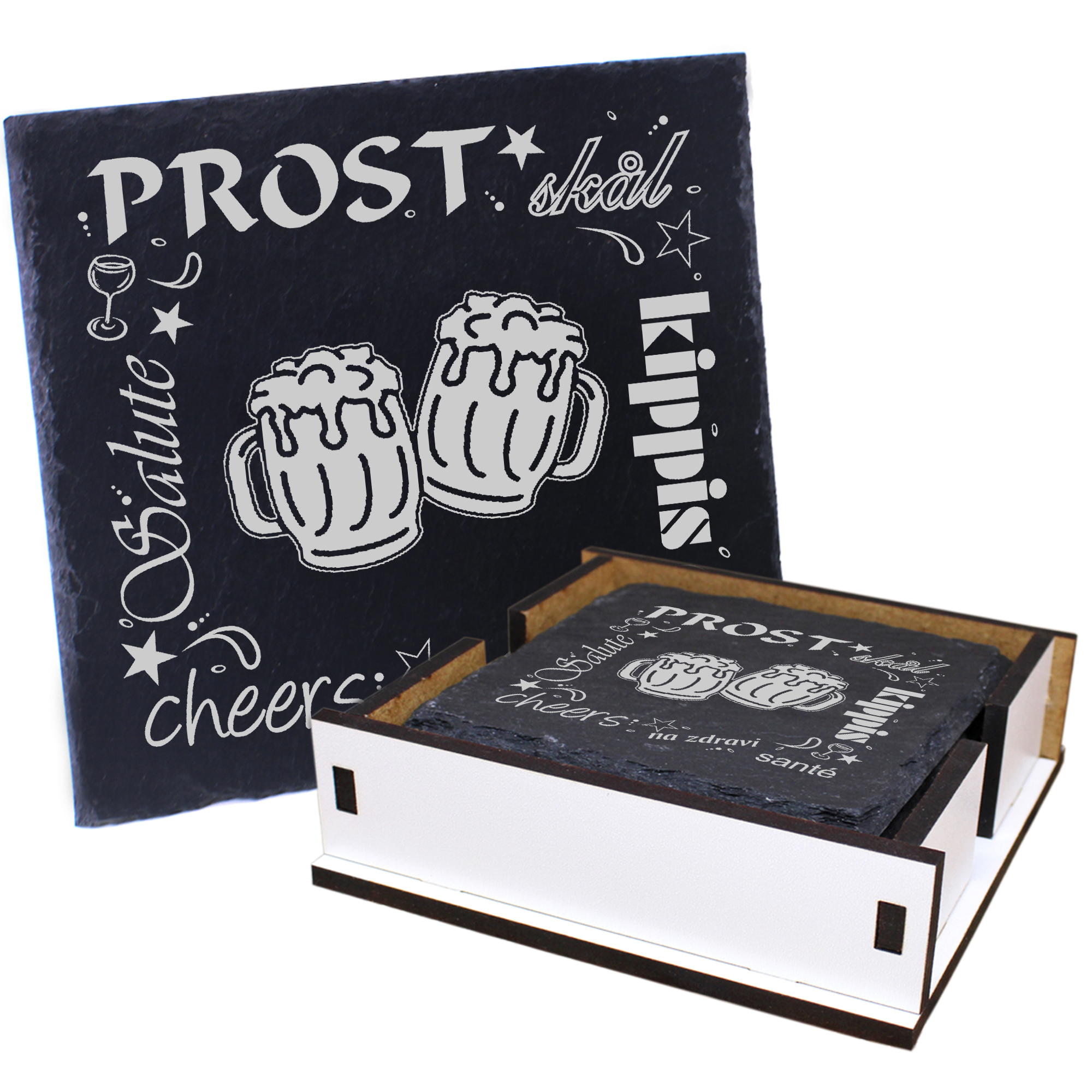 5 x Schiefer Untersetzer - Prost Biergläser - inkl. Holzbox & Flaschenuntersetzer