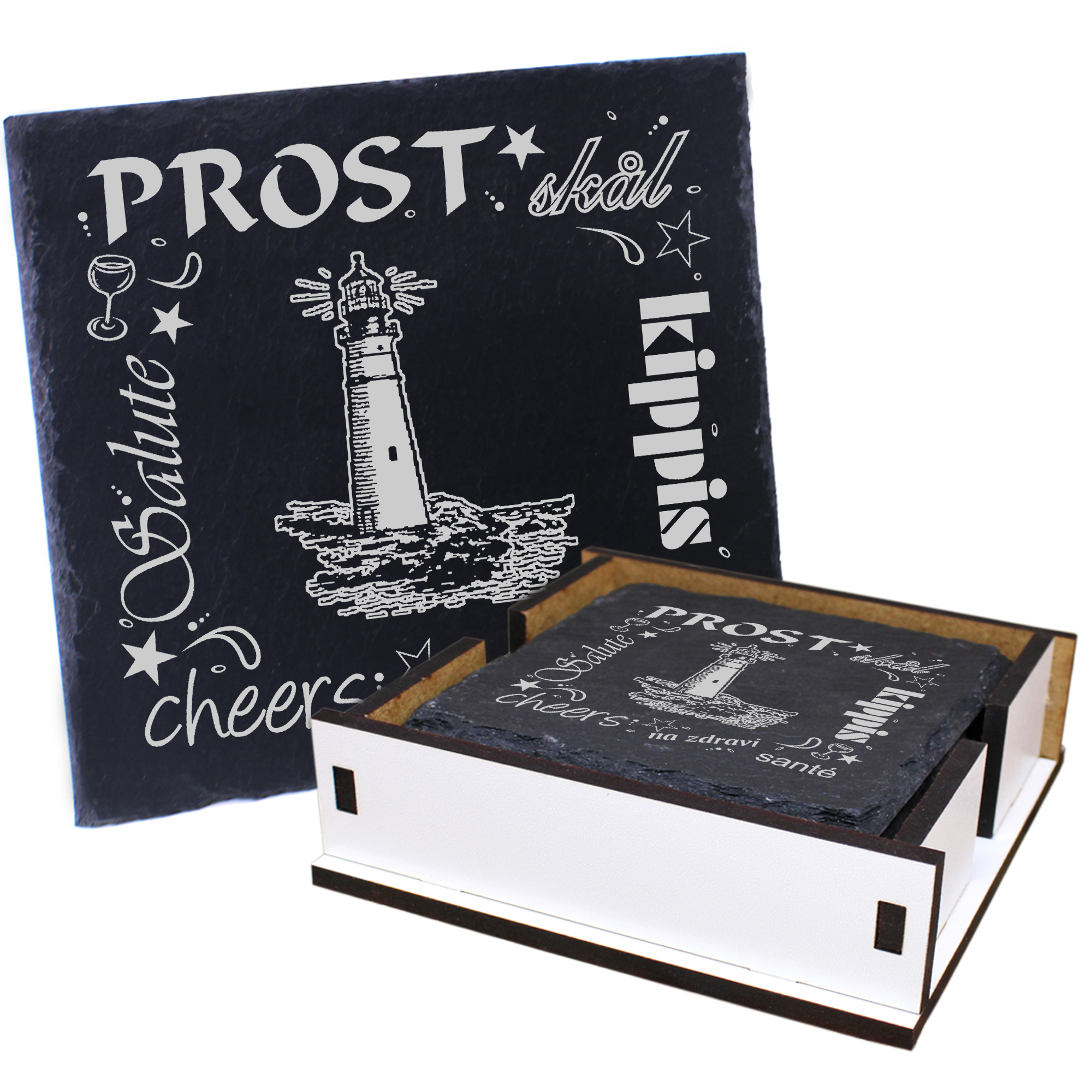 5 x Schiefer Untersetzer - Prost Leuchtturm - inkl. Holzbox & Flaschenuntersetzer