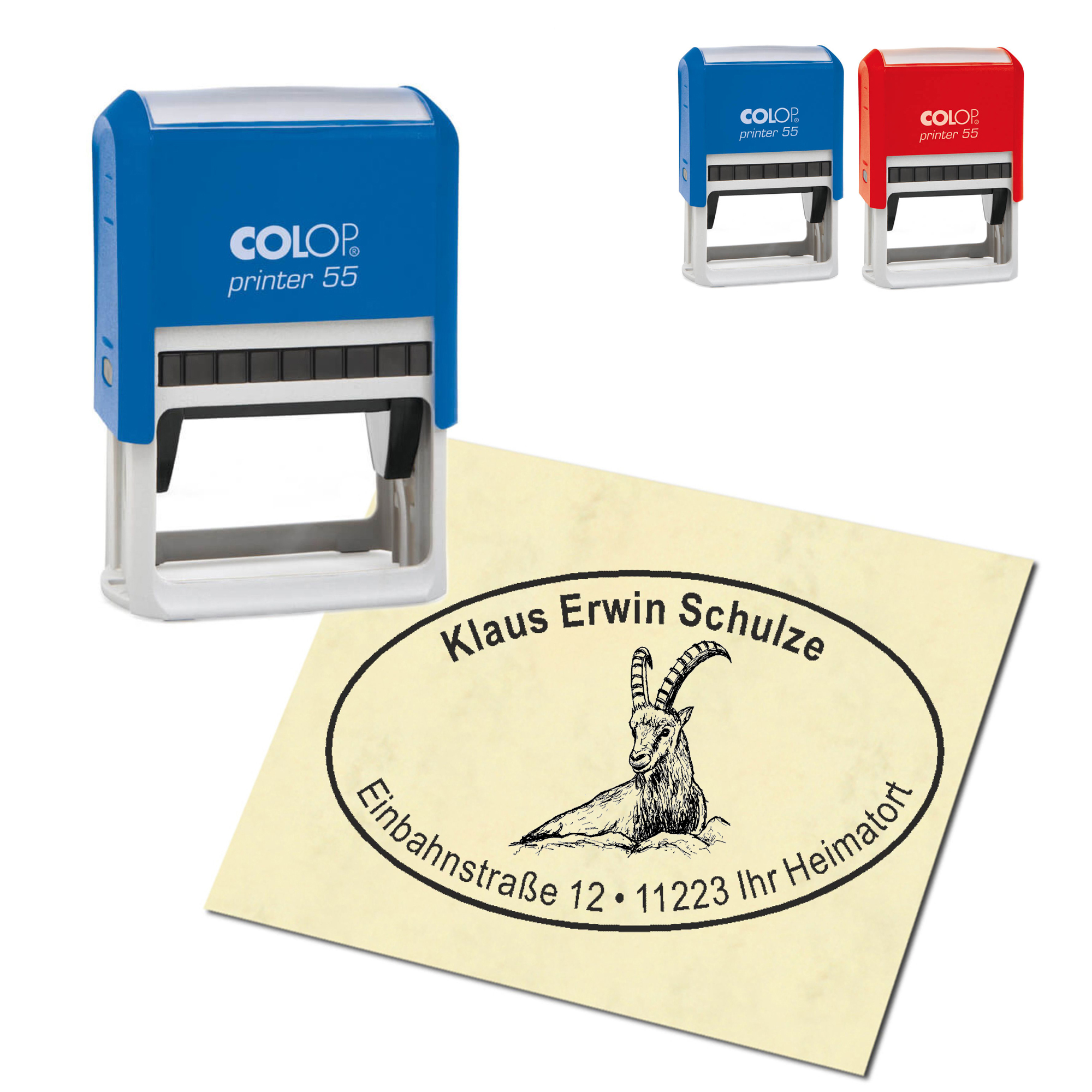 Adressstempel personalisiert Stempel - liegender Steinbock - oval 59 x 39 mm