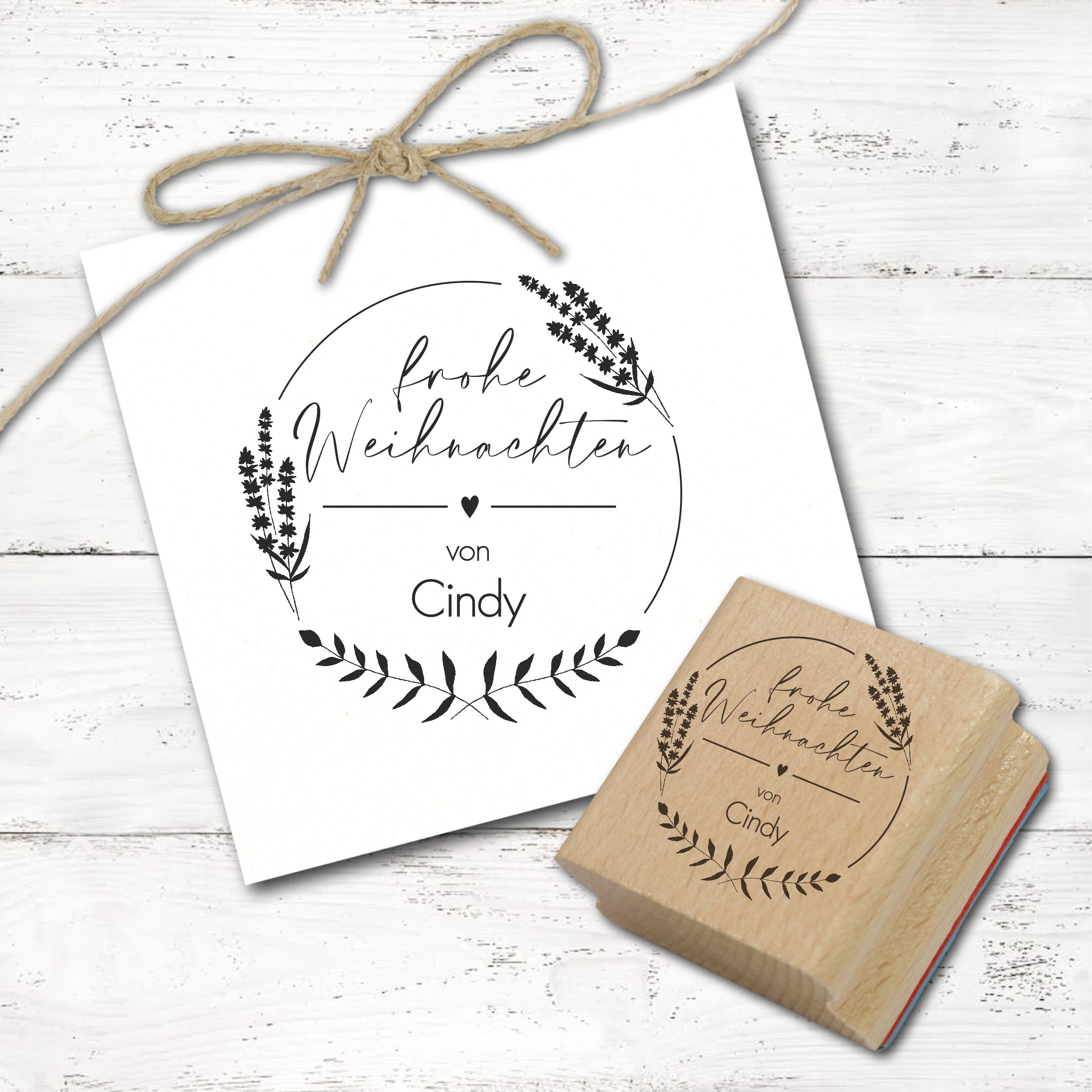Motivstempel personalisiert Frohe Weihnachten von - personalisierter Weihnachtsstempel mit Name Stempel Vintage Kranz Holzstempel Ø 48 mm