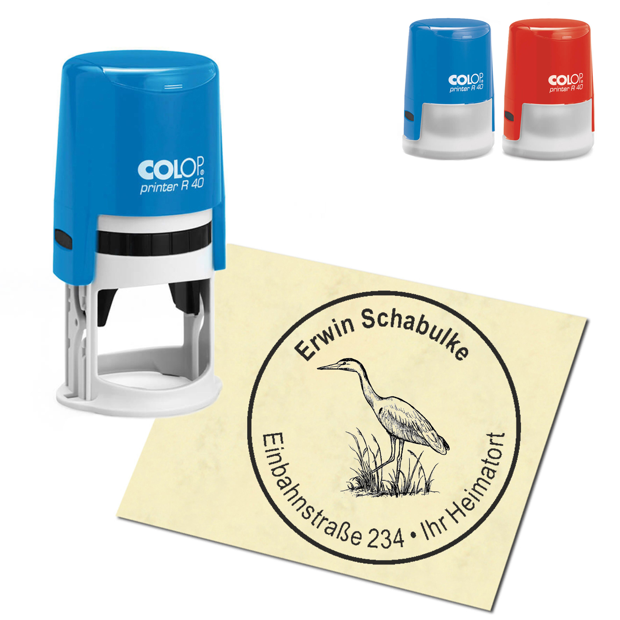 Stempel Adressstempel personalisiert - Graureiher - rund &empty; 40mm