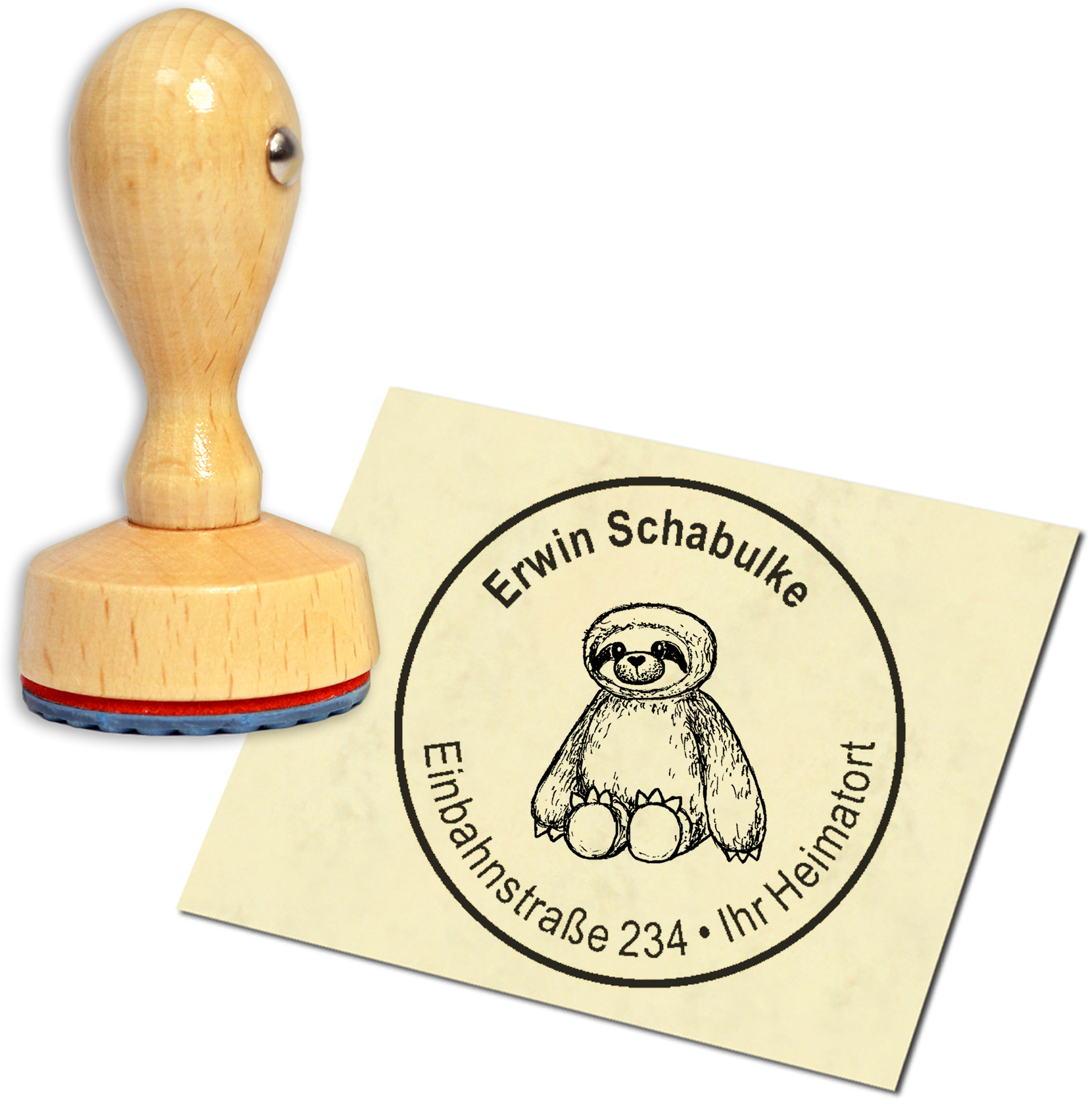 Stempel Adressstempel Holzstempel - niedlicher Faultier Teddy - rund 40mm