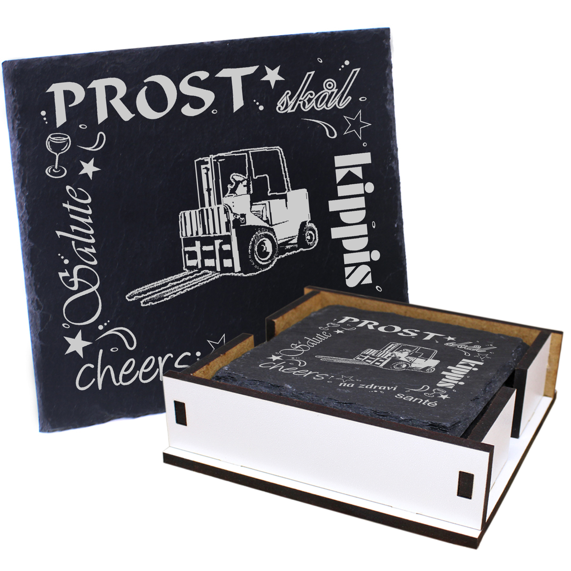 5 x Schiefer Untersetzer - Prost Gabelstabler - inkl. Holzbox & Flaschenuntersetzer