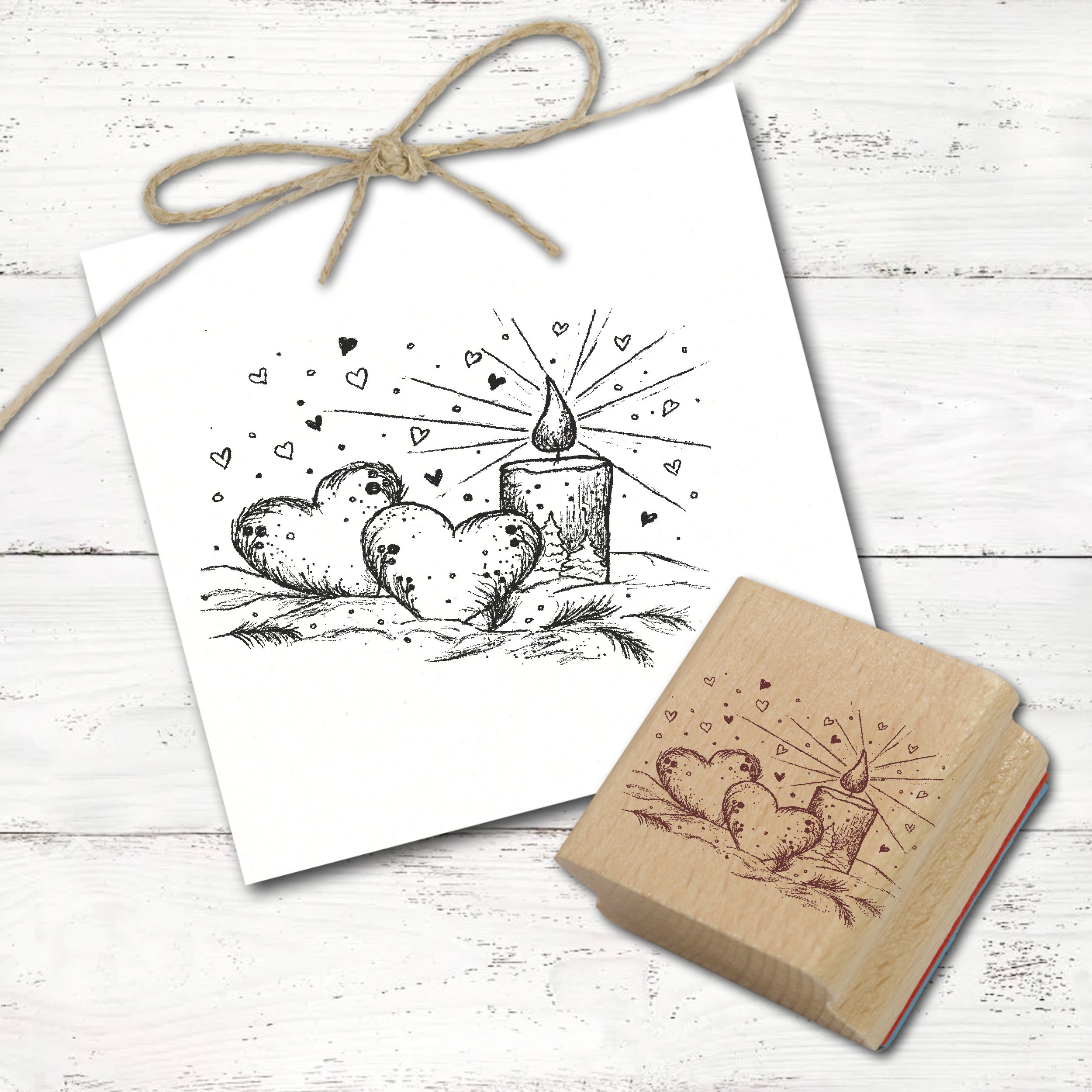 Motivstempel Herzen im Schnee und Kerze Stempel Weihnachtsstempel Holzstempel 68 mm x 48 mm