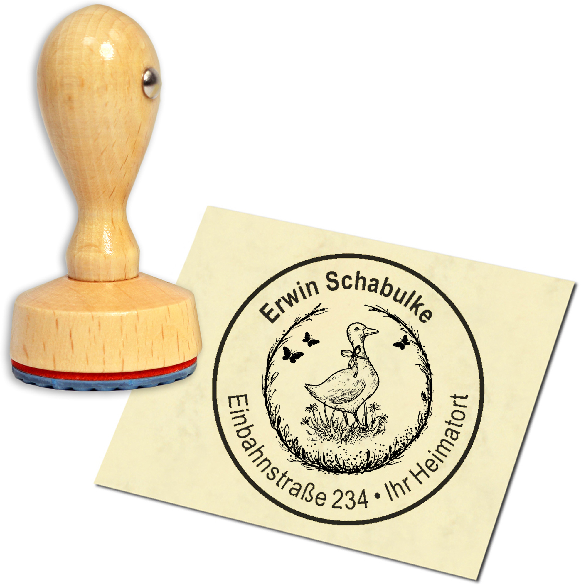 Stempel Adressstempel Holzstempel - Gans auf der Wiese - rund 40mm