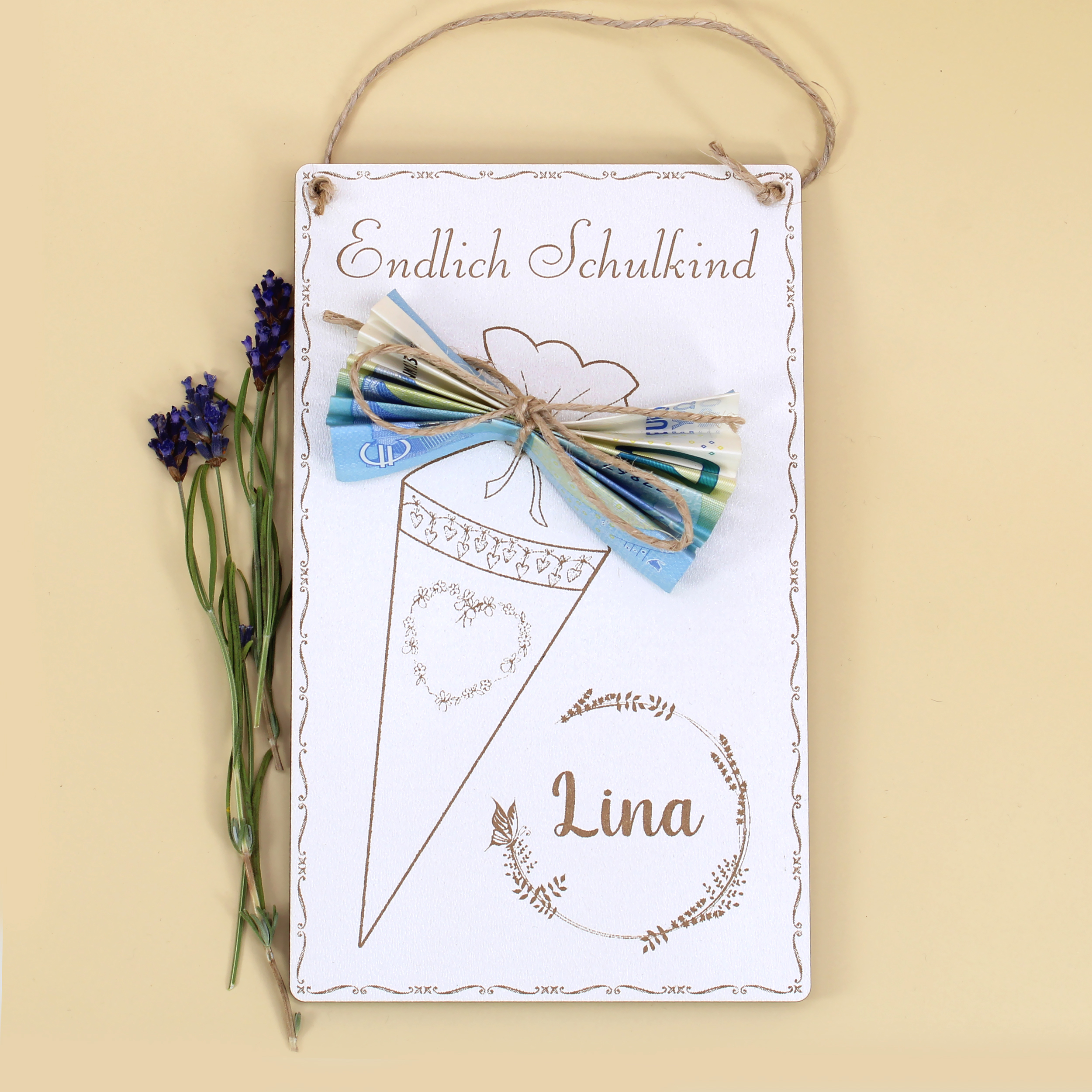 Geldgeschenk Einschulung personalisiert - Holzkarte Zuckertüte Geld Schleife - Endlich Schulkind - 10x15 cm