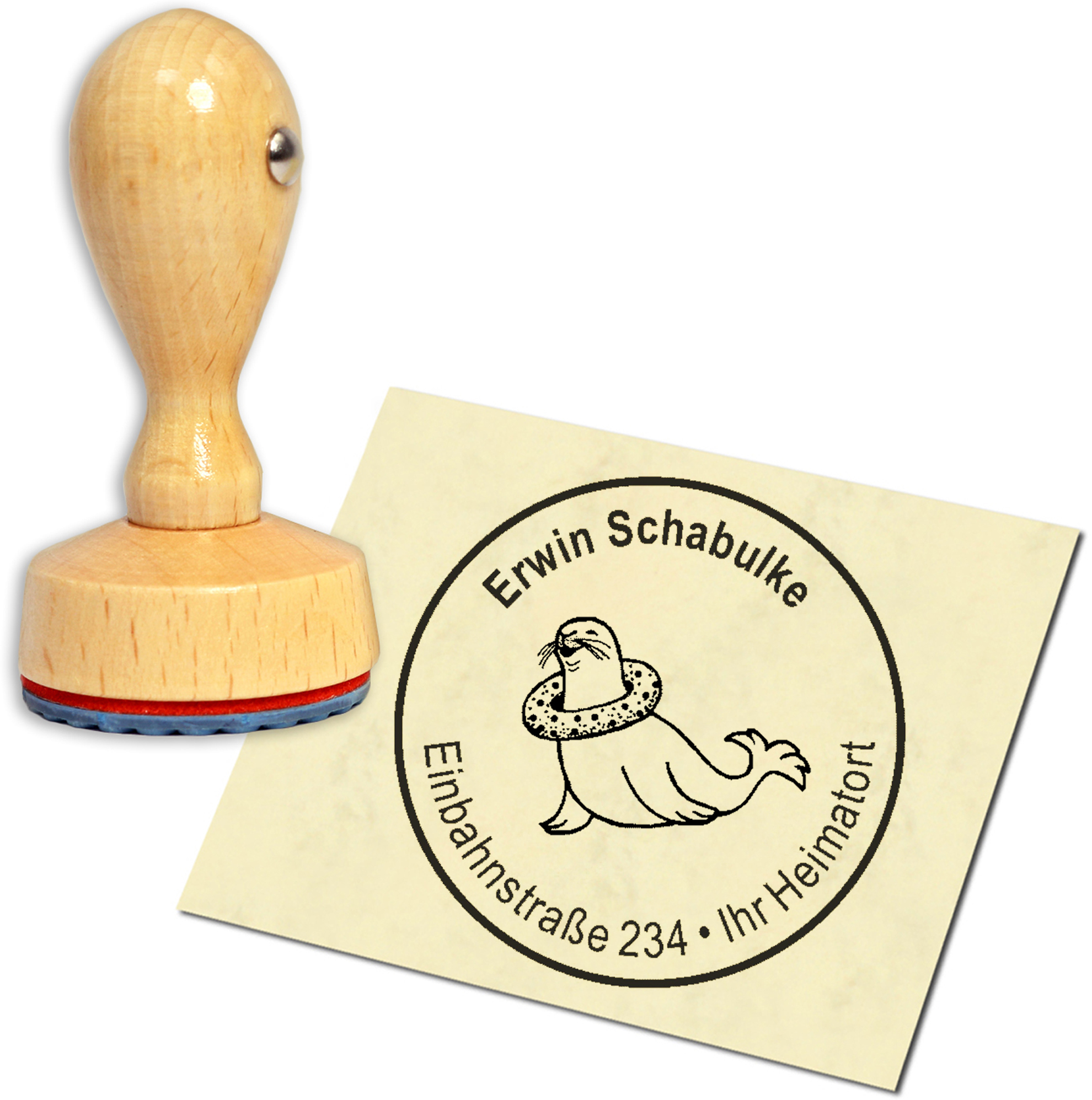 Stempel Adressstempel Holzstempel - Robbe mit Schwimmreifen - rund 40mm
