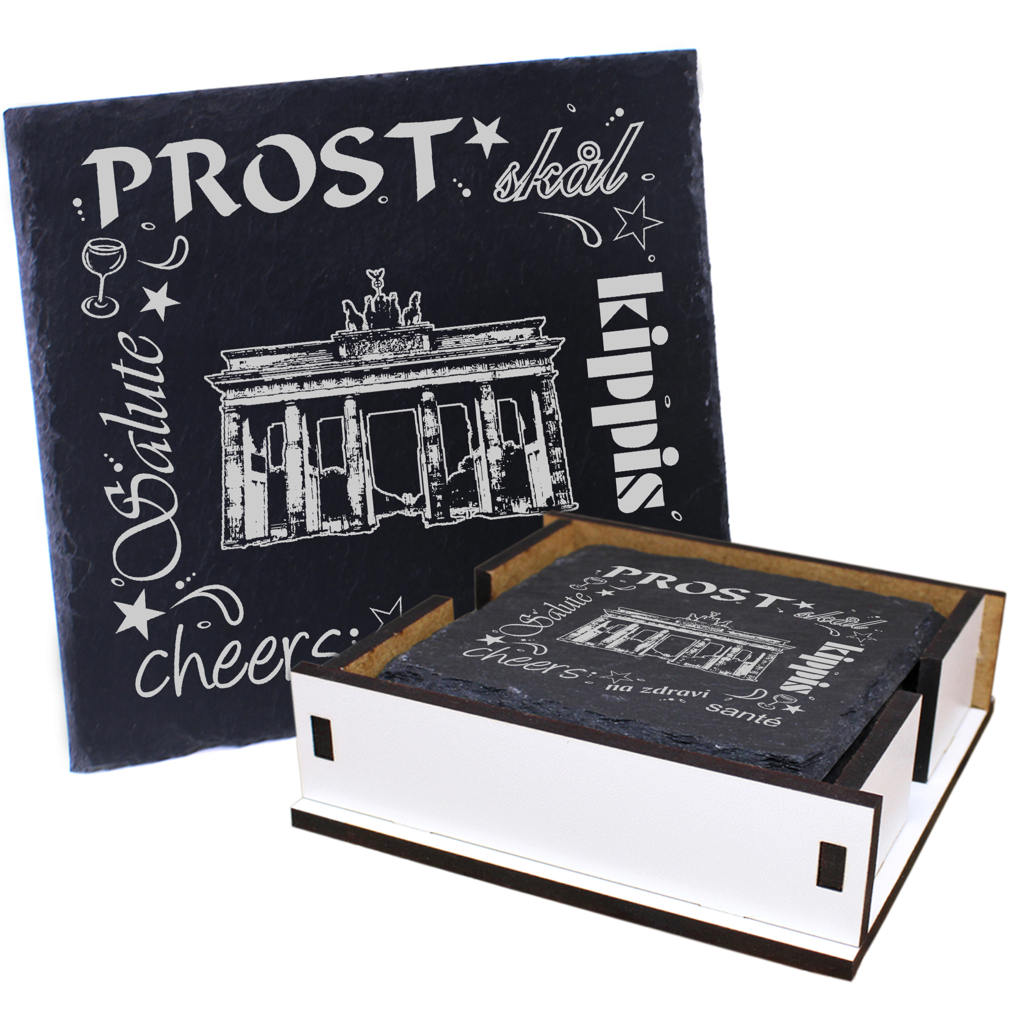 5 x Schiefer Untersetzer - Prost Brandenburgertor - inkl. Holzbox & Flaschenuntersetzer