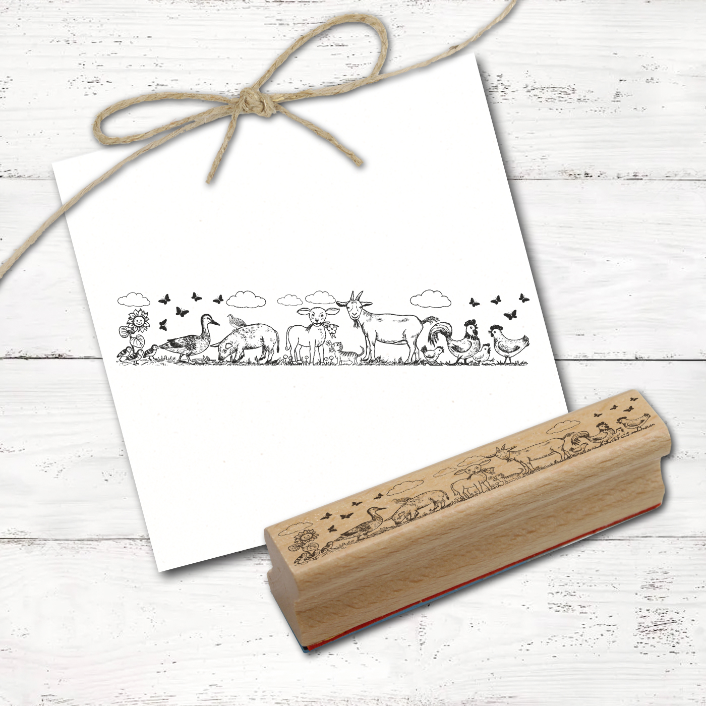 Motivstempel Bordüre Bauernhof Tiere - Stempel Hoftiere Schwein Ziege Ente Huhn Katze Wachtel - Holzstempel 98 x 18 mm