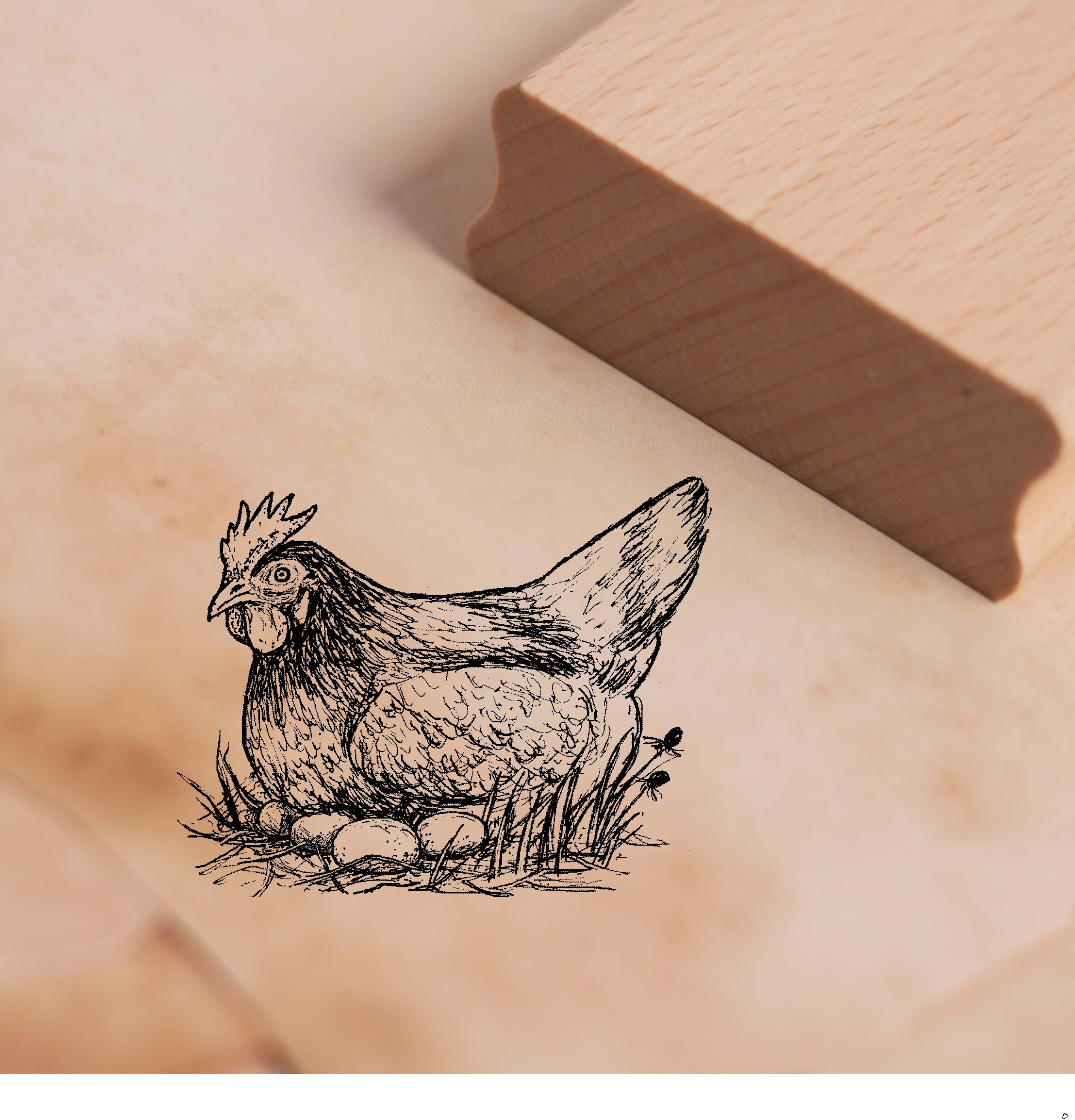 Motivstempel Glucke sitzt auf Eiern - Henne Stempel Holzstempel 48 x 38 mm