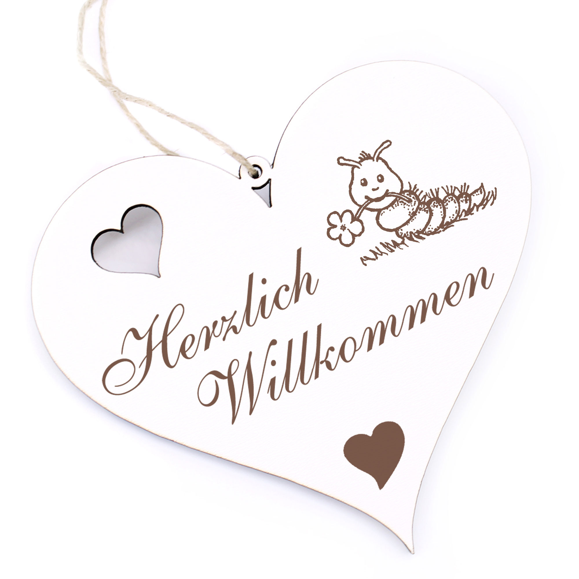 Herzlich Willkommen Schild - Raupe mit Blume - Deko Herz Holz