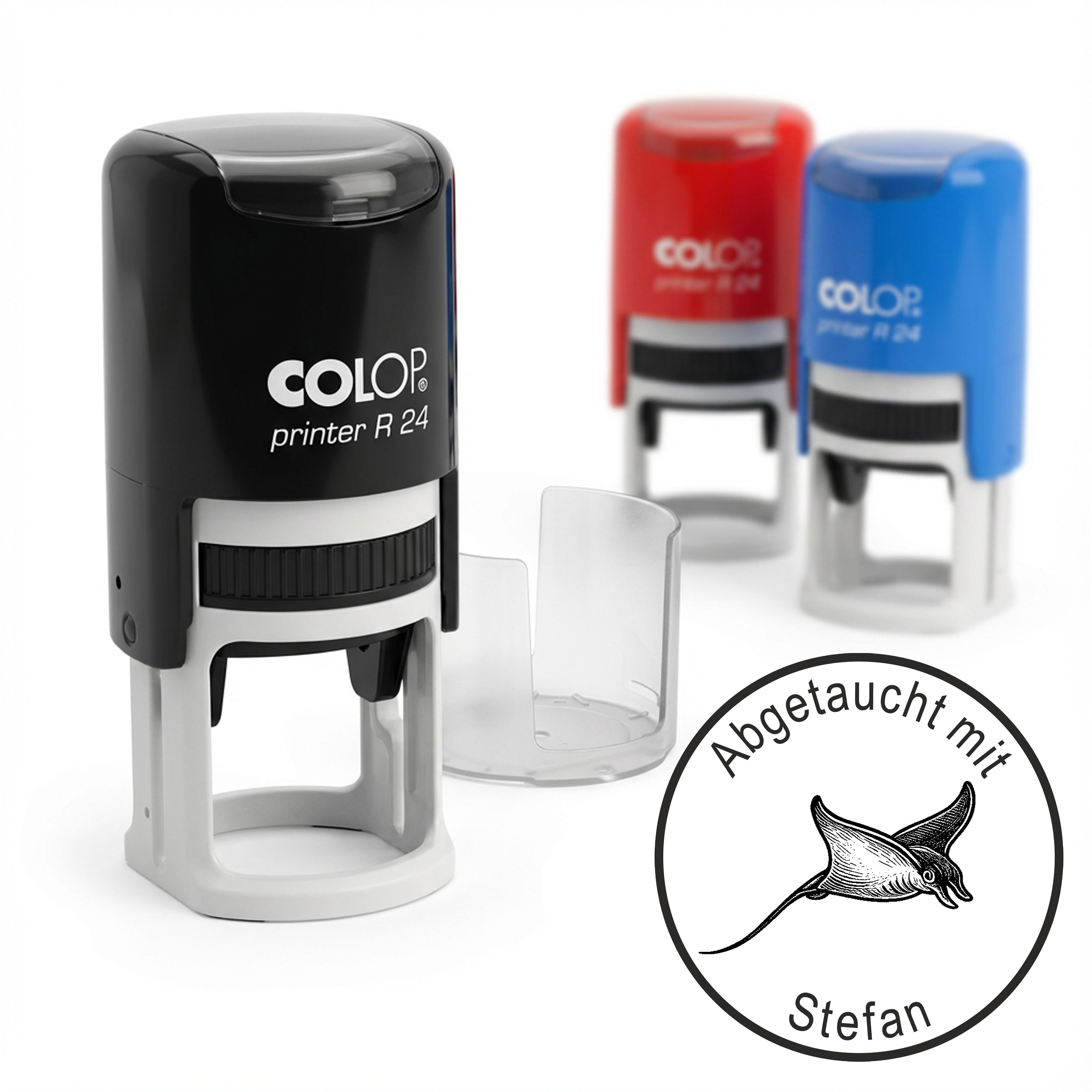 Taucherstempel Manta Rochen 24x24 mm –  runder Stempel personalisiert für Taucherlogbuch, Tauchlogbuch & Tauchbuch