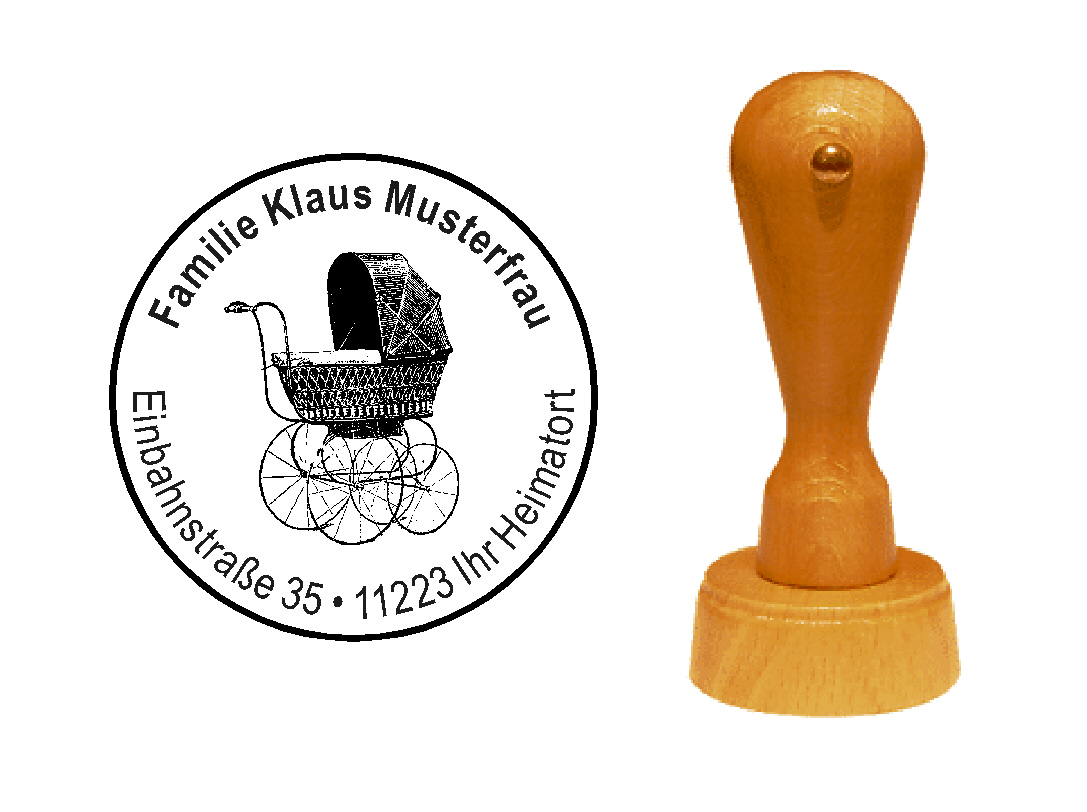 « Kinderwagen » Holzstempel mit persönlichem Wunschtext