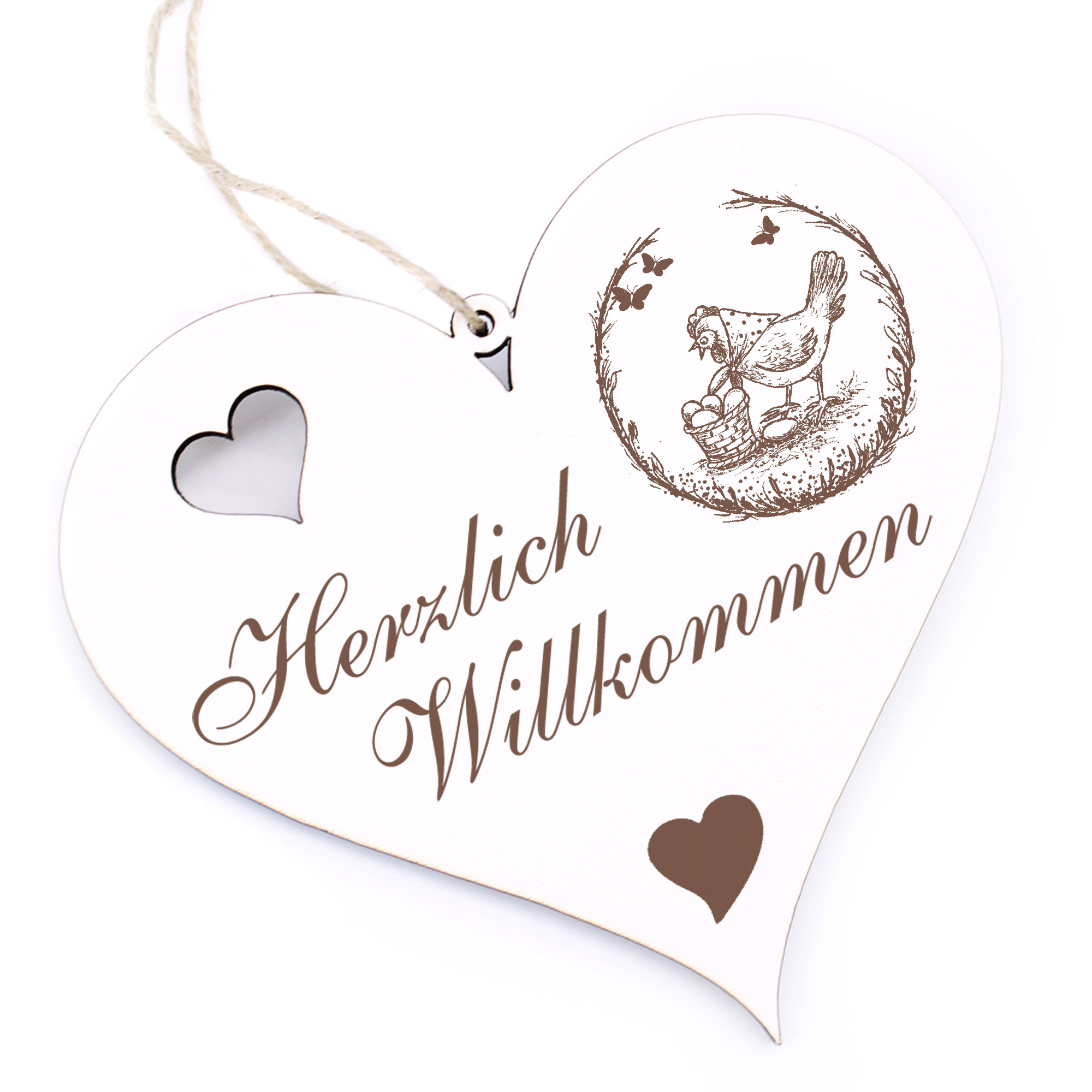 Herzlich Willkommen Schild - Huhn mit Eierkorb - Deko Herz Holz