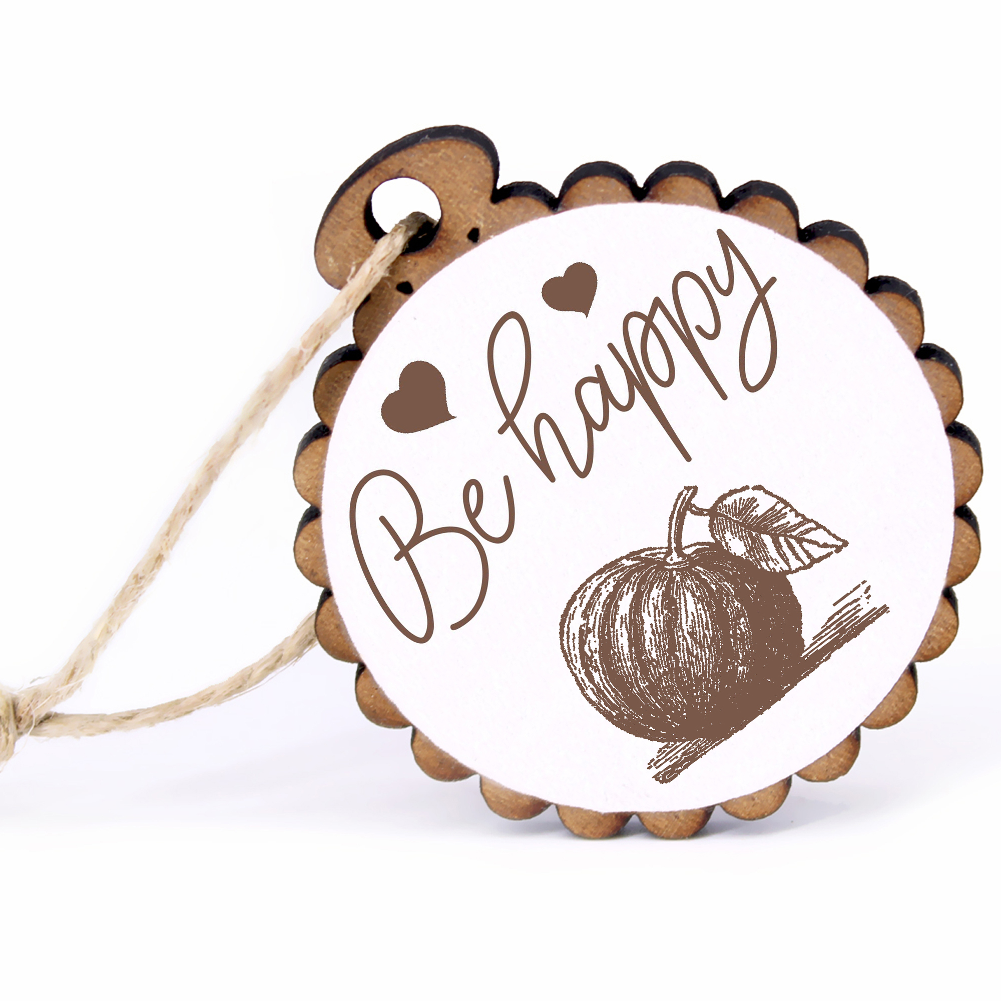 Geschenkanhänger - Be Happy Kürbis -  Holz Ø-5cm - mit Juteband