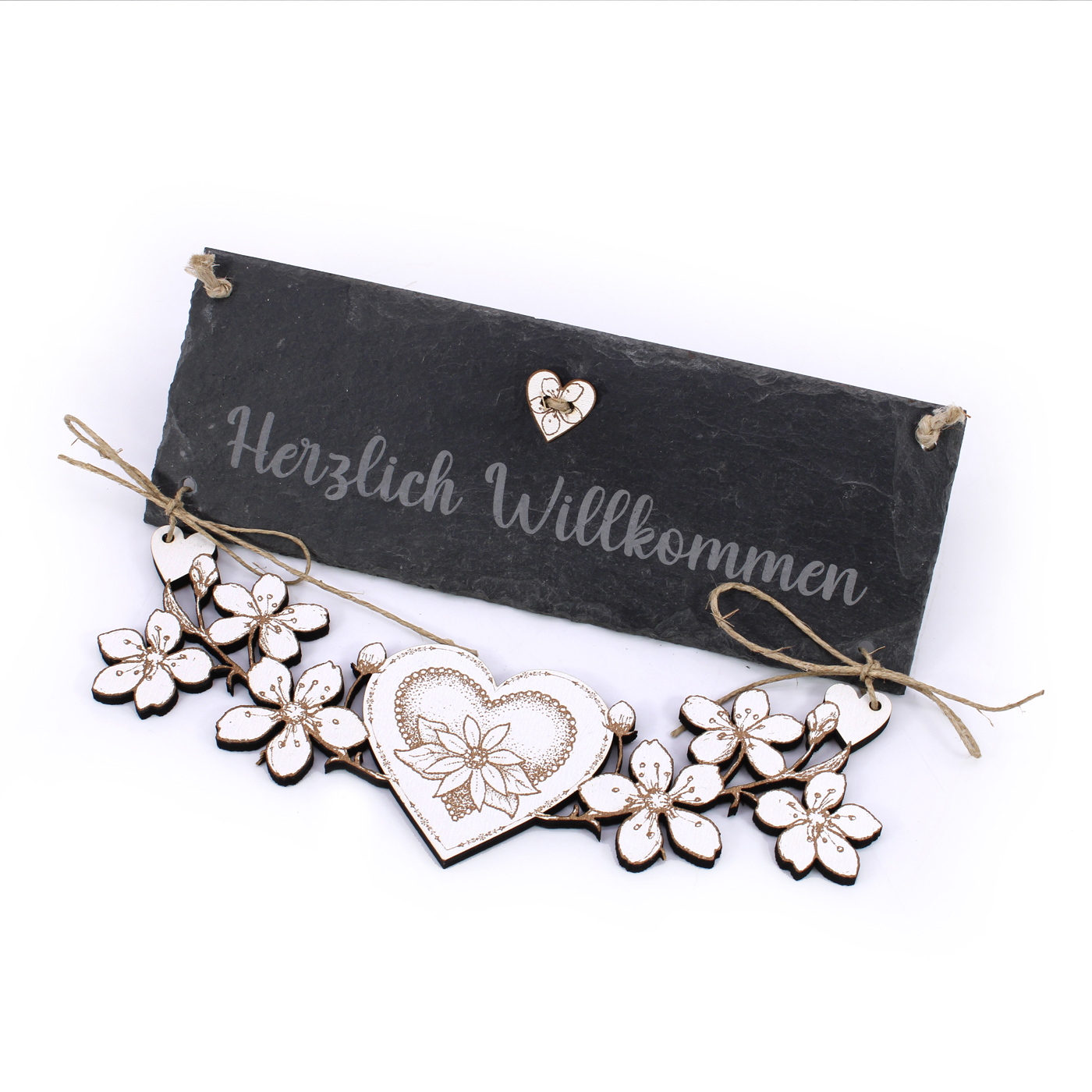 Schiefer Schild Herzlich Willkommen mit Blumenelement aus Holz - Schild Türschild Türdeko 22x16 cm