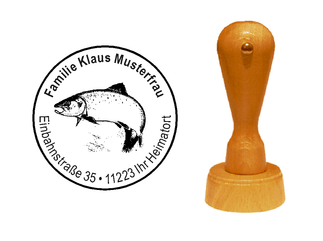 « Lachs » Holzstempel mit persönlichem Wunschtext