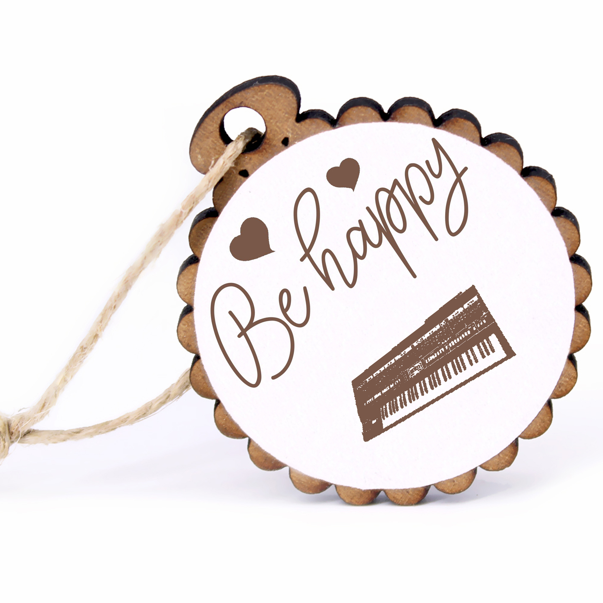 Geschenkanhänger - Be Happy Keyboard -  Holz Ø-5cm - mit Juteband