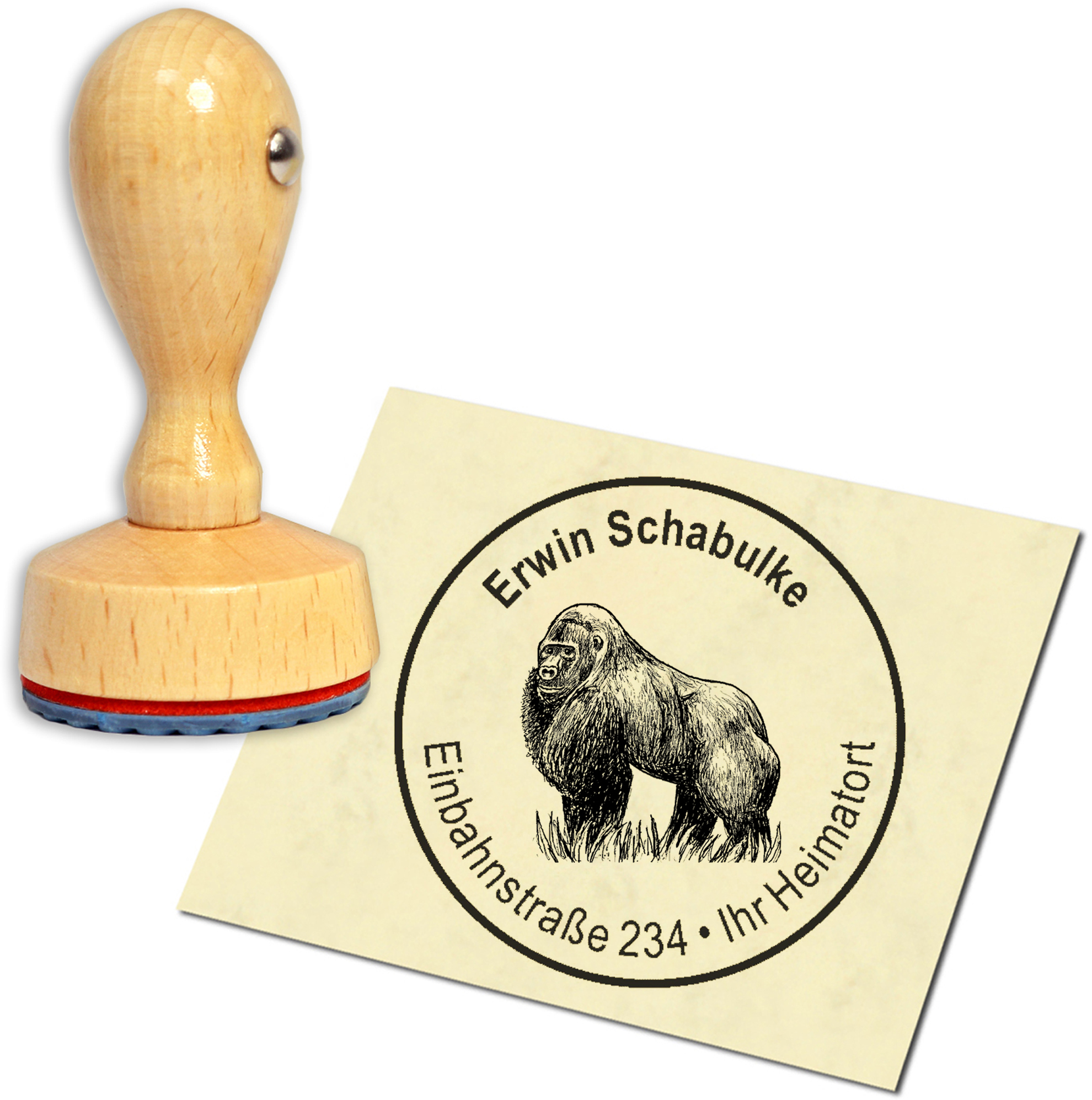 Stempel Adressstempel Holzstempel - Gorilla im Gras - rund 40mm