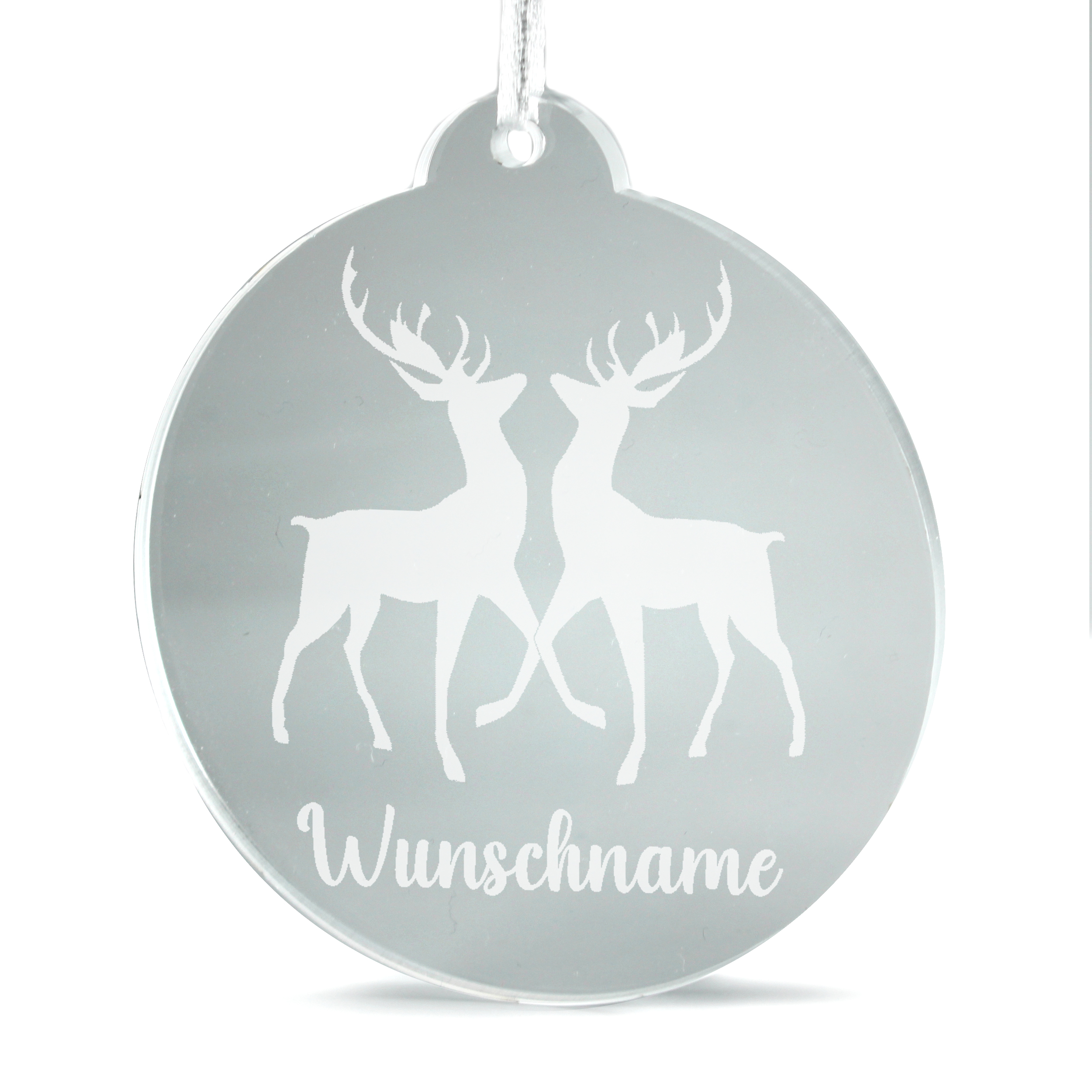 Christbaumanhänger Wunschname Hirsche aus Acryl – transparente Weihnachtsanhänger mit weißer Gravur
