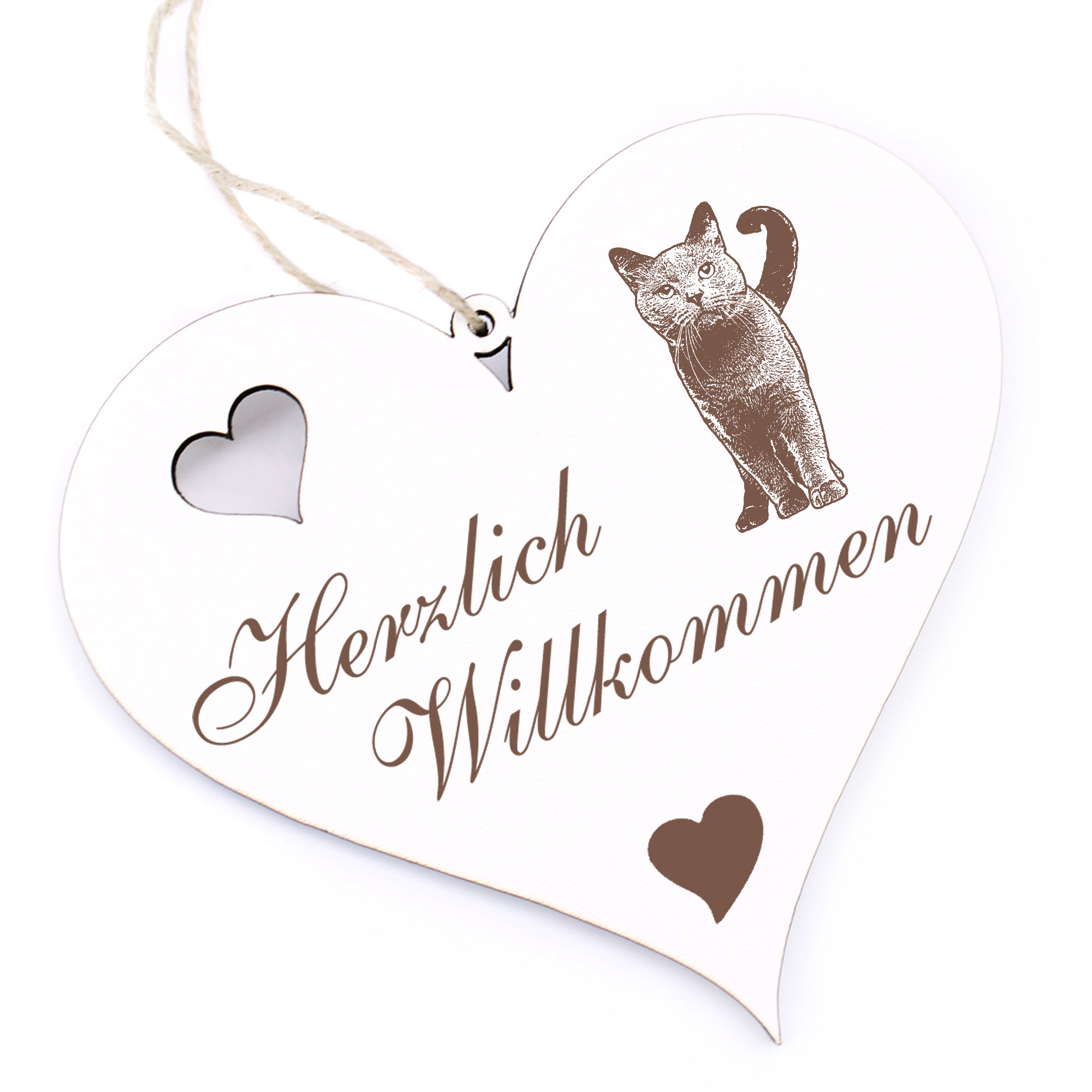 Herzlich Willkommen Schild - Kartäuser Katze - Deko Herz Holz