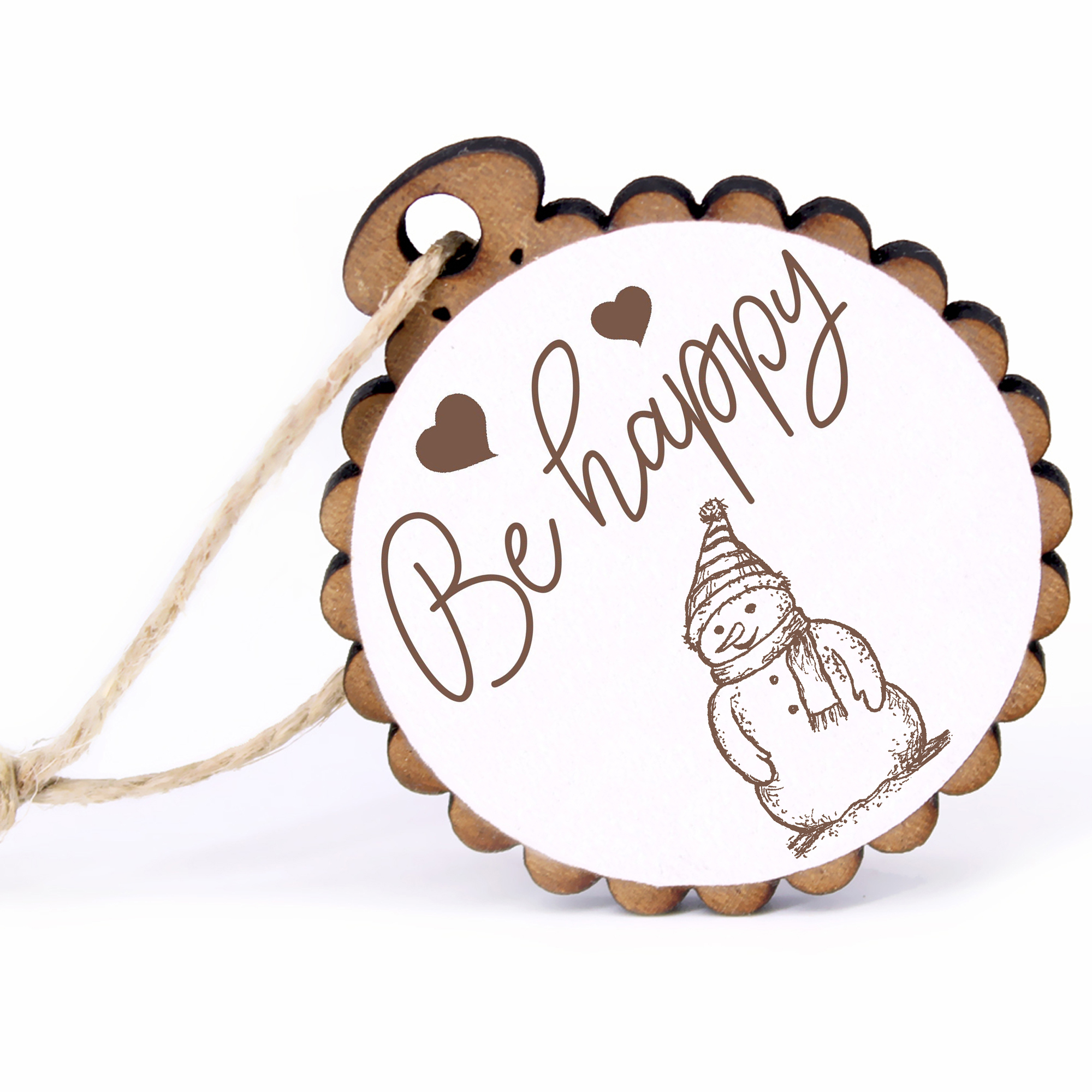 Geschenkanhänger - Be Happy Schneemann -  Holz Ø-5cm - mit Juteband