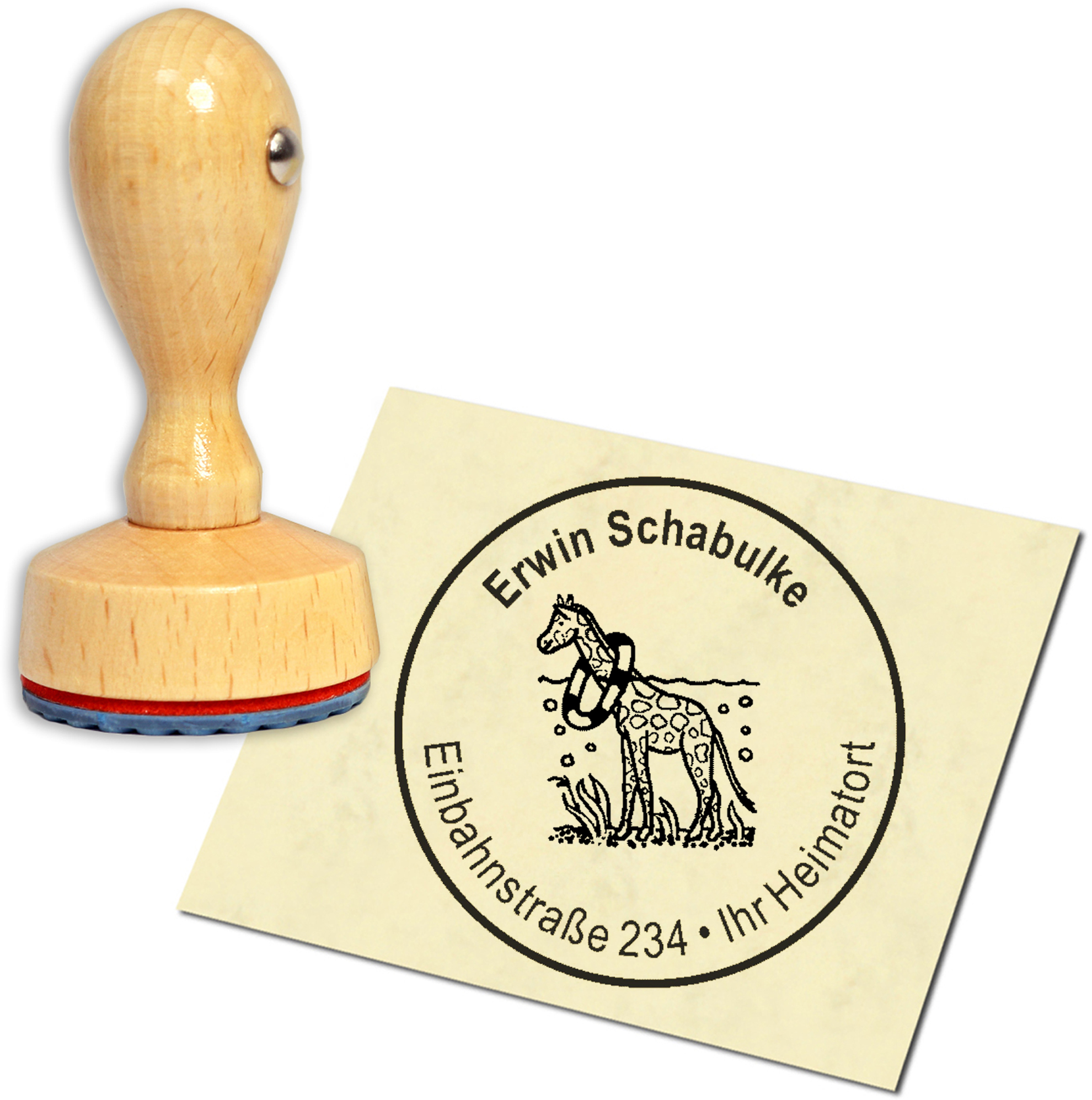 Stempel Adressstempel Holzstempel - Giraffe mit Schwimmreifen - rund 40mm