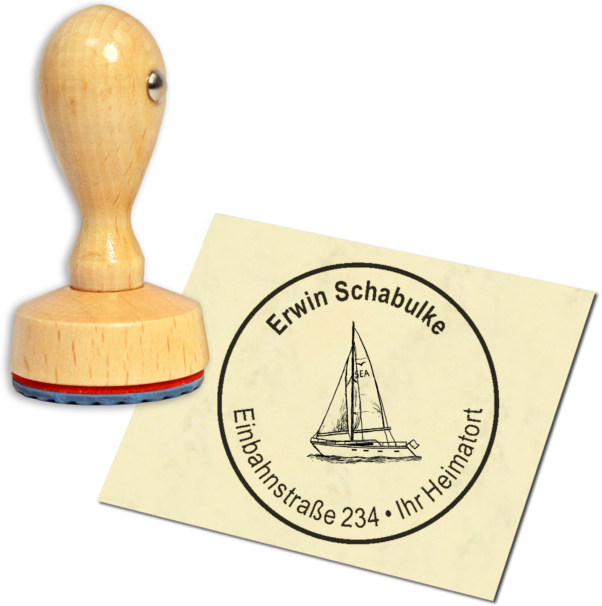 Stempel Adressstempel Holzstempel - Segelboot - rund 40mm