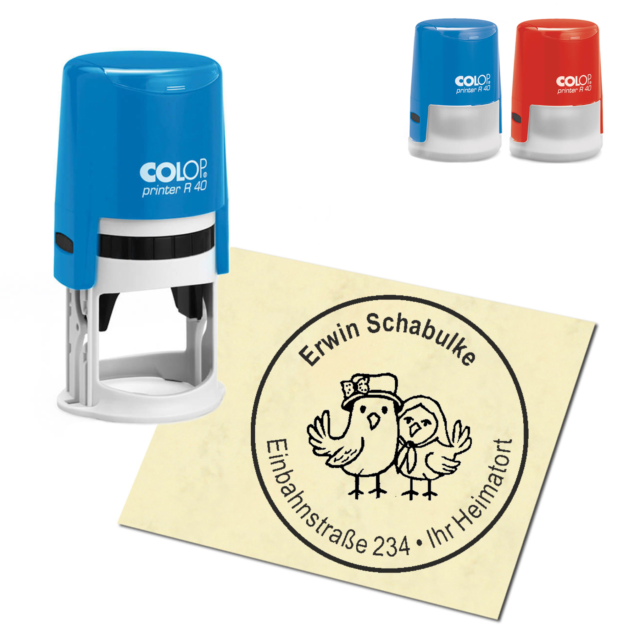 Stempel Adressstempel personalisiert - Vogelpaar - rund &empty; 40mm