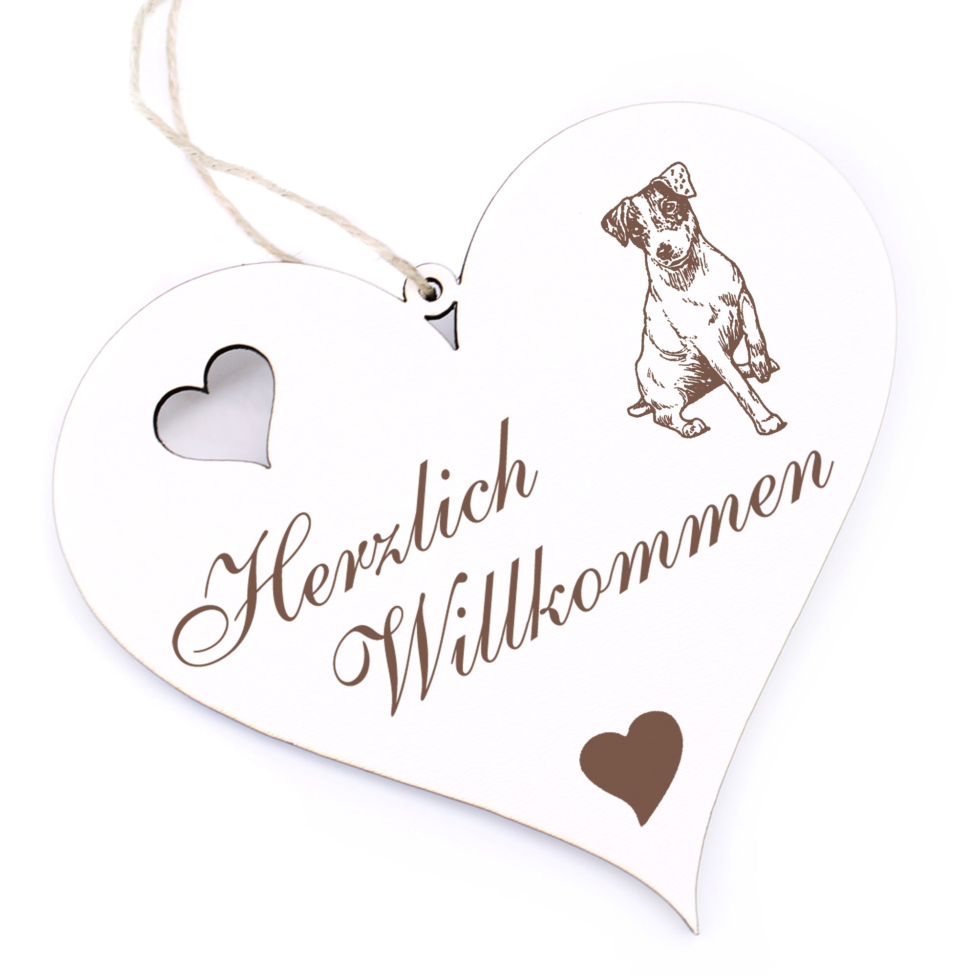 Herzlich Willkommen Schild - sitzender Jack Russell Terrier - Deko Herz Holz