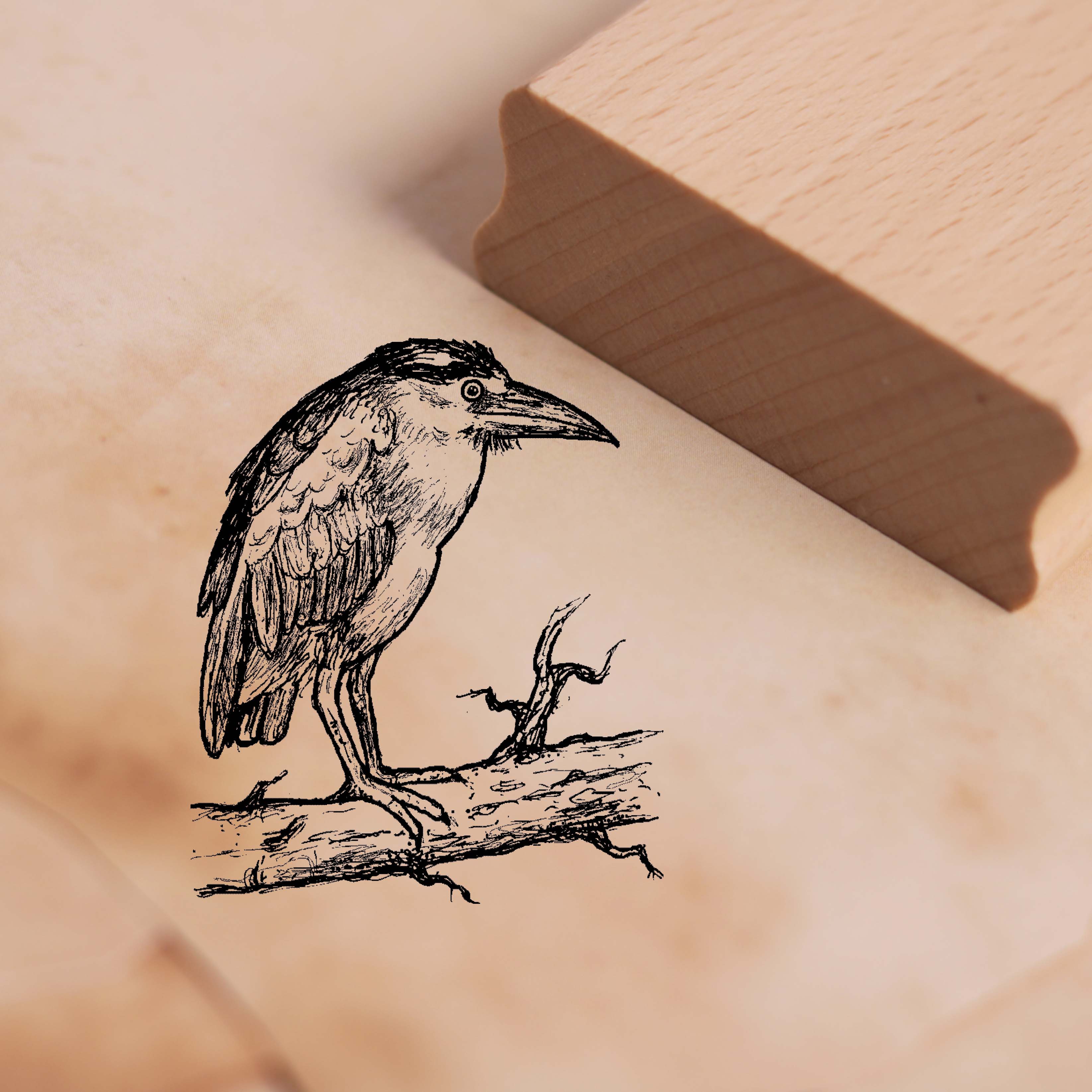 Motivstempel Nachtreiher auf Ast - Stempel Holzstempel 48 x 58 mm