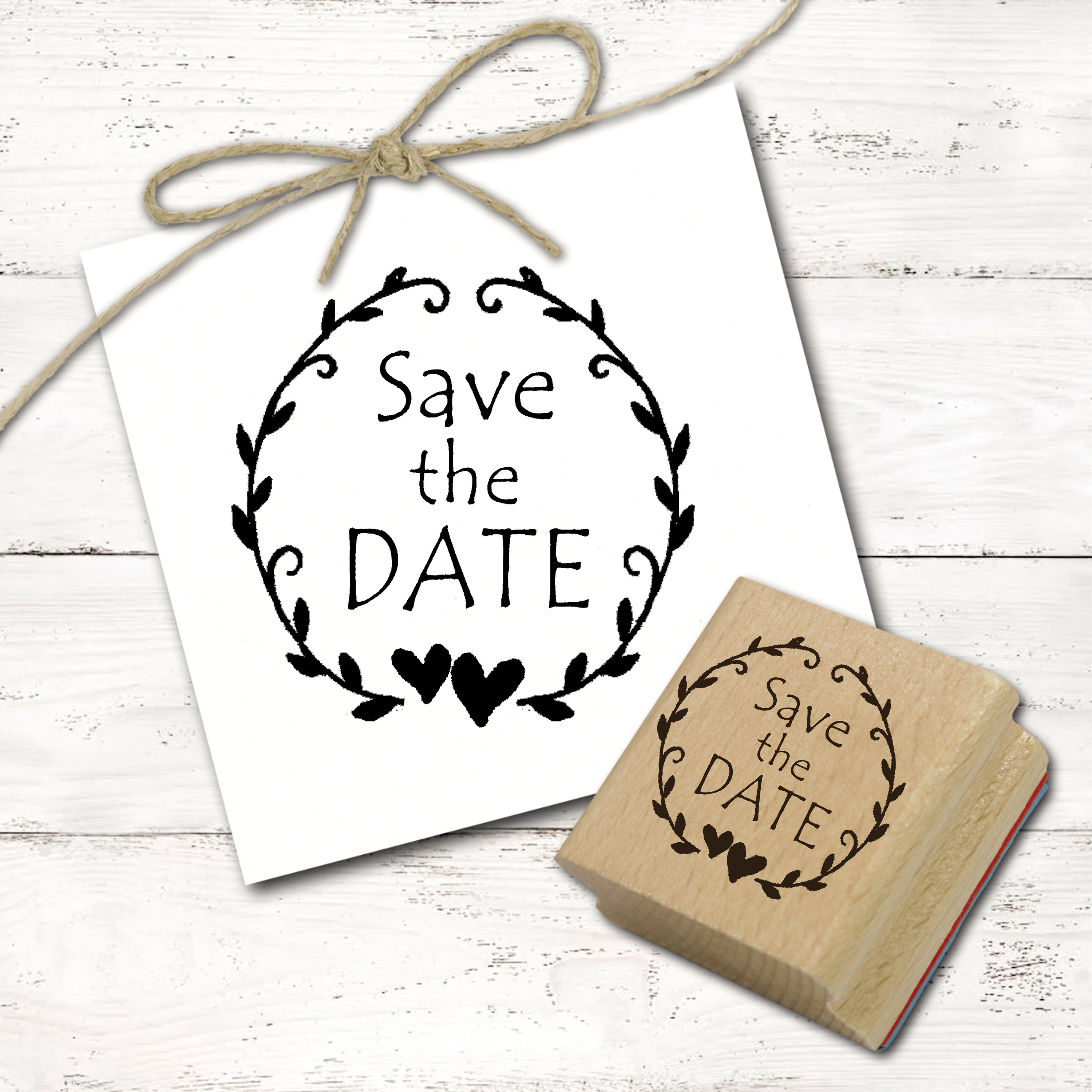 Motivstempel Save the date Vintage Ranke mit Herzen Stempel - Hochzeitsstempel Holzstempel 38mm x 38mm  
